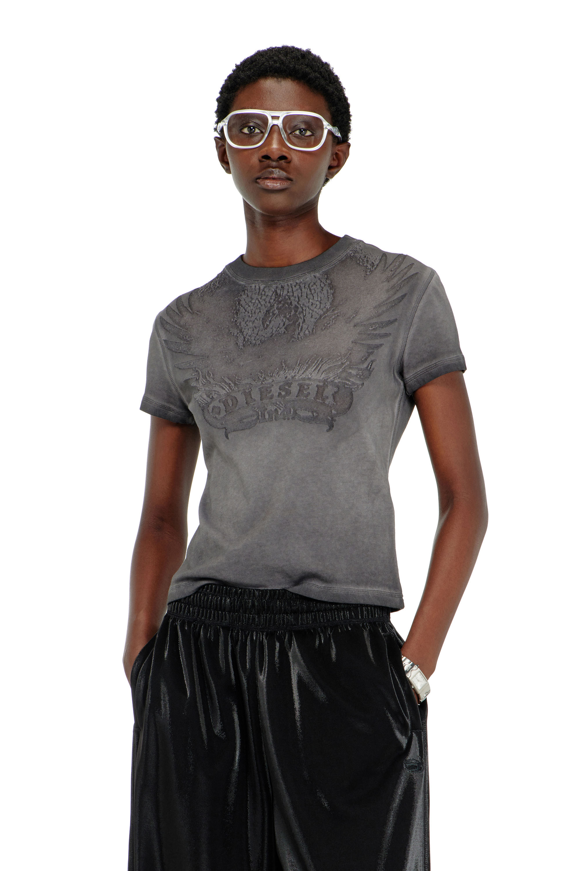 Diesel - T-ILA-AA7, T-shirt slim avec d&eacute;vor&eacute; Phoenix Femme in Gris - 1