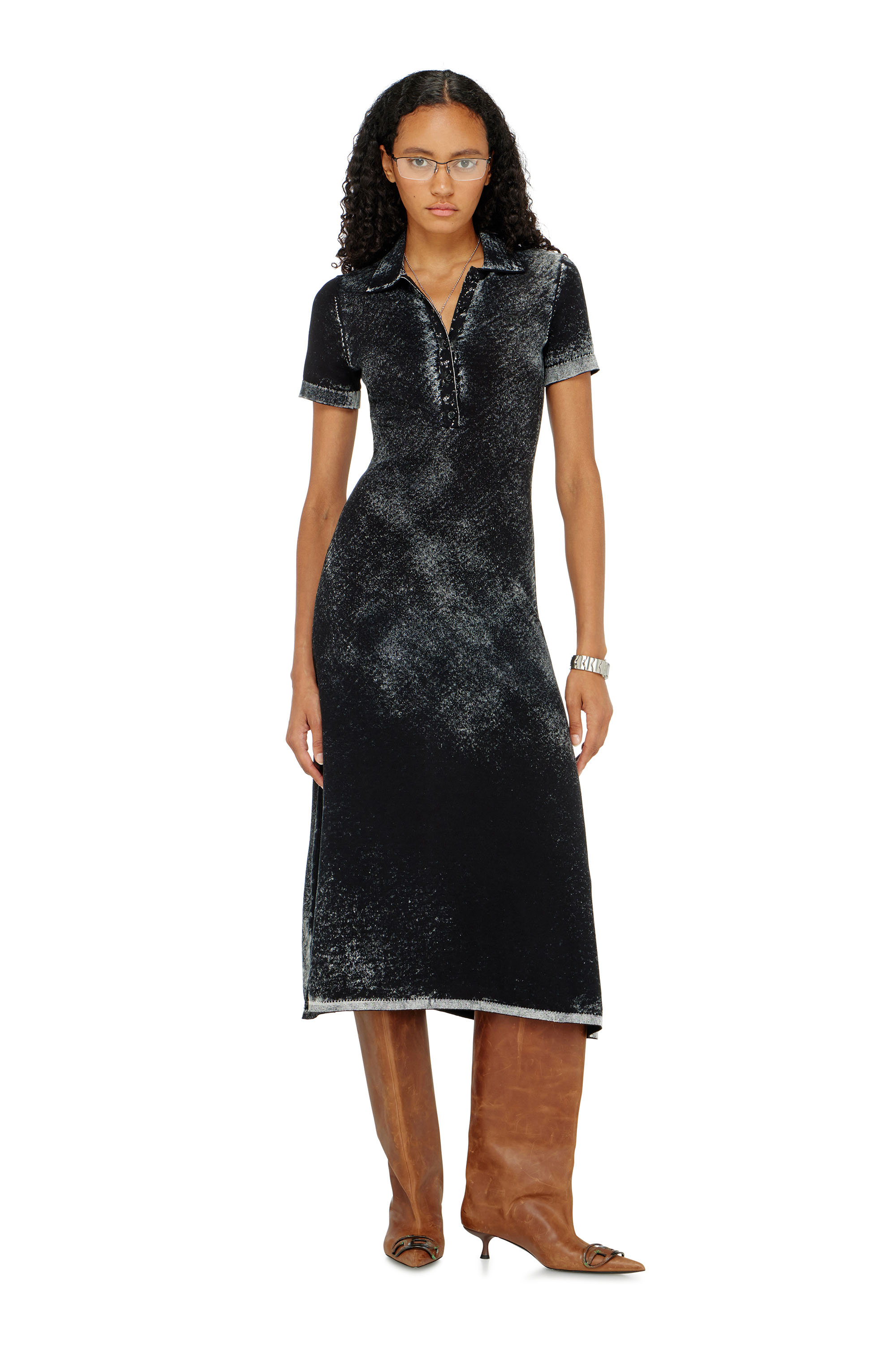 Diesel - M-LOURENS, Woman's Midi polo dress in reverse-printed knit in Black - 2