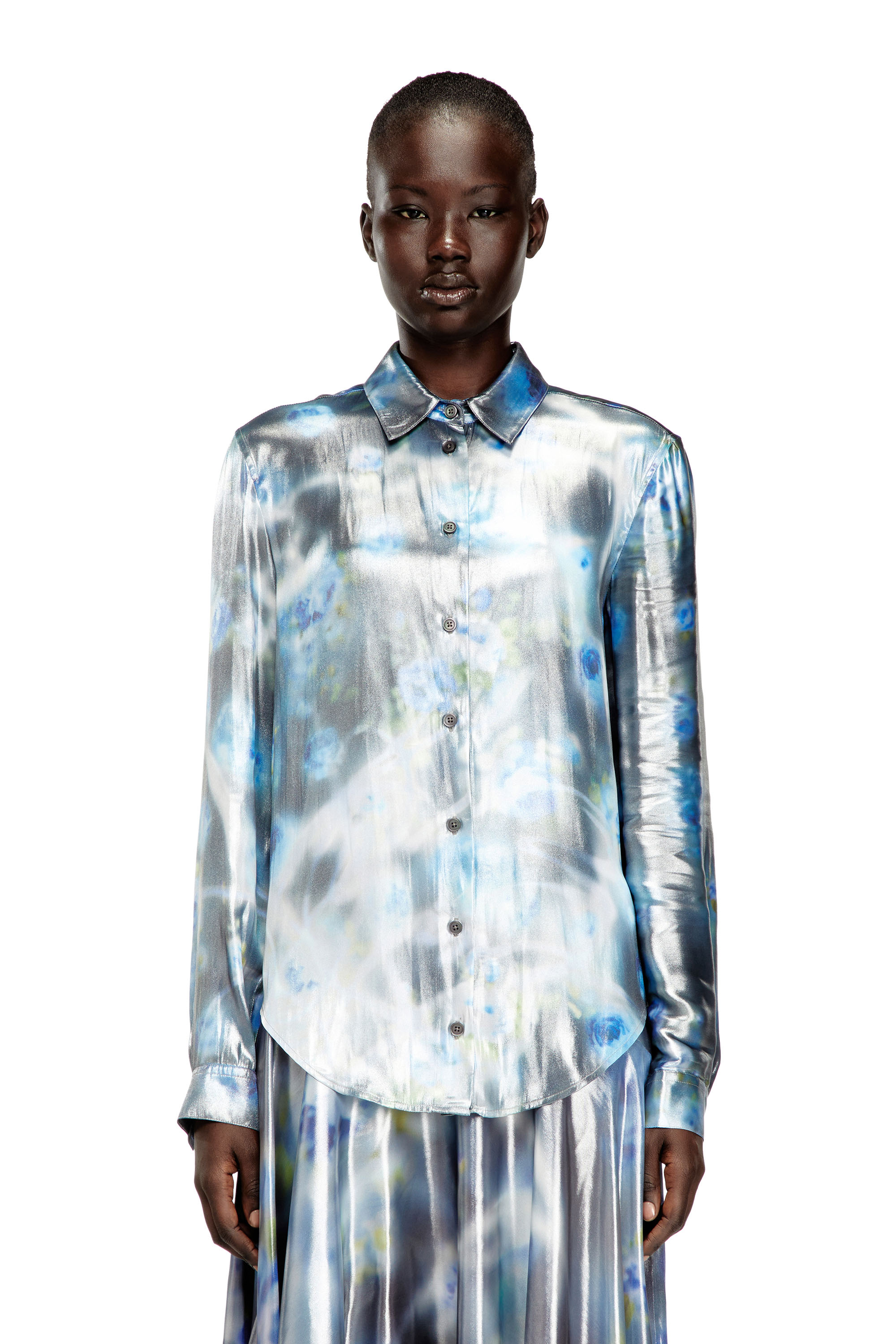 Diesel - C-RONOR-S2, Chemise métallique avec imprimé de roses floues Femme in Bleu - 3