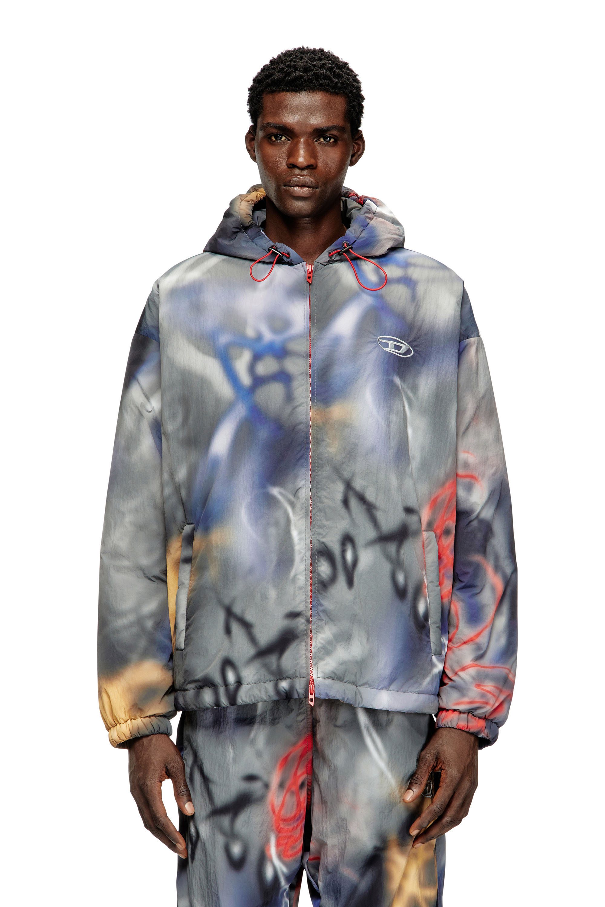 Diesel - J-MIRR, Padded windbreaker with graffiti print Homme in Polychrome - 1