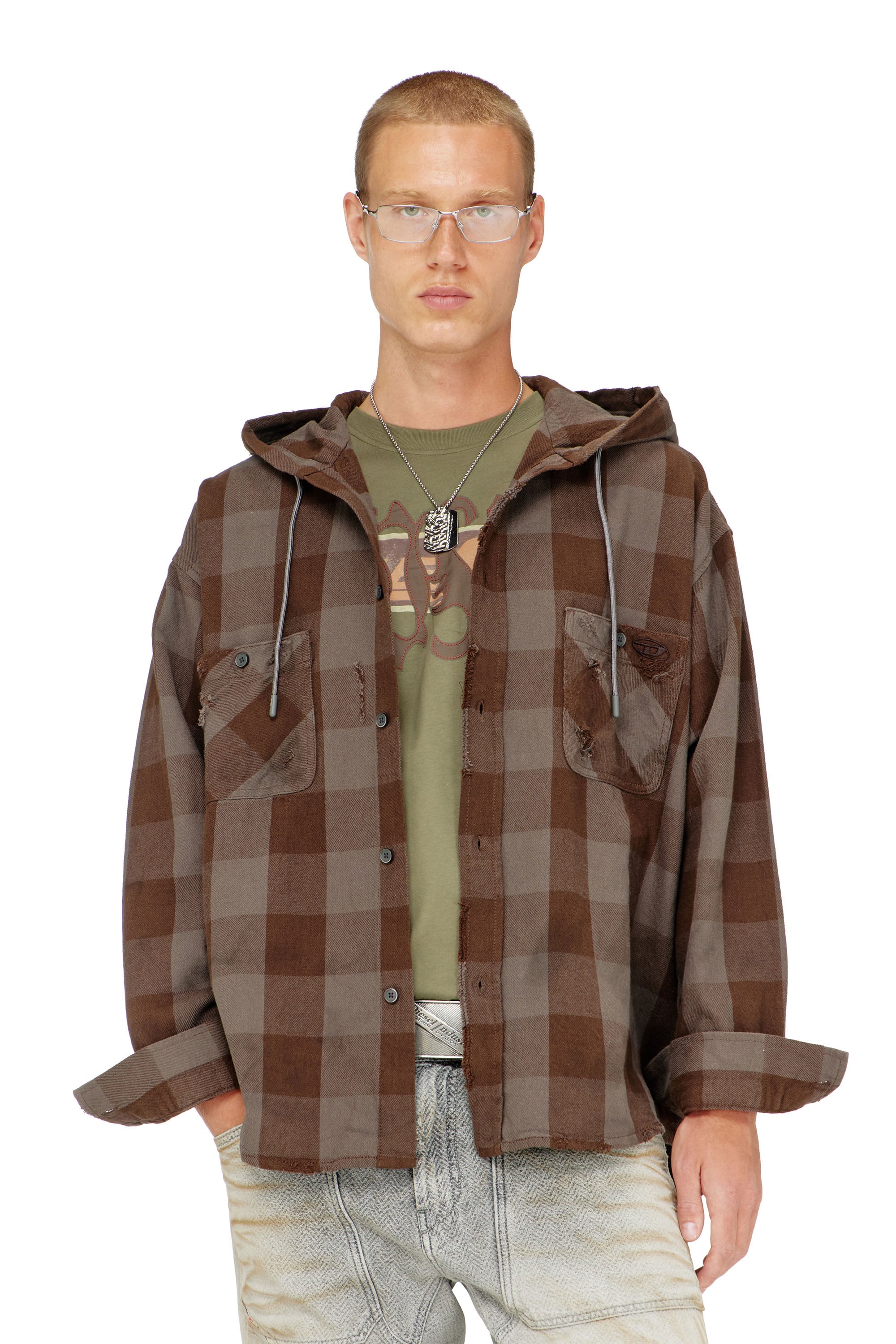 Diesel - S-DRUM-HOODY, Chemise &agrave; capuche effet us&eacute; en flanelle &agrave; carreaux Homme in ToBeDefined - 1