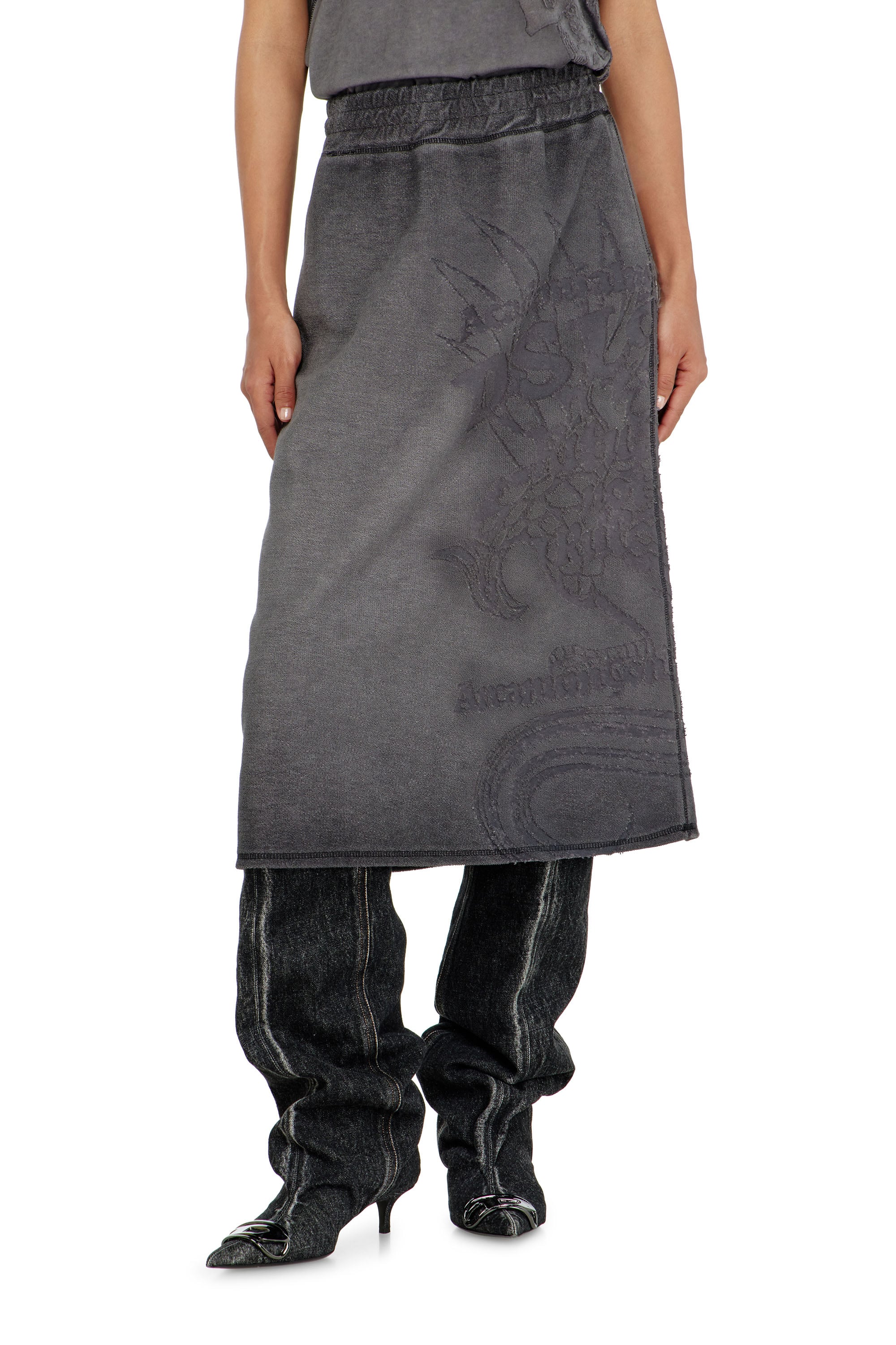 Diesel - O-BEAUTY, Jupe midi en molleton avec imprim&eacute; d&eacute;vor&eacute; Femme in Gris - 2