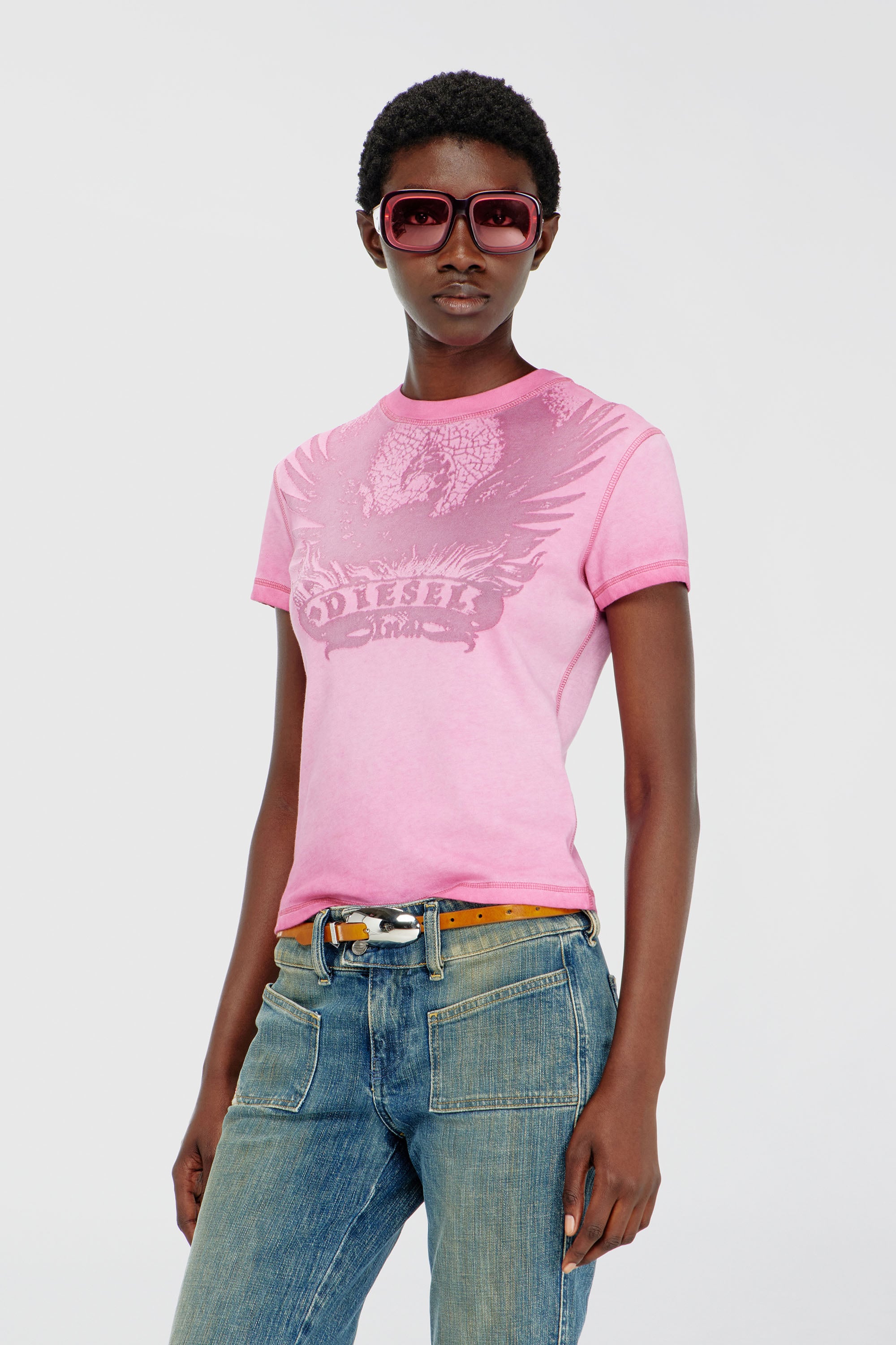 Diesel - T-ILA-AA7, T-shirt slim avec d&eacute;vor&eacute; Phoenix Femme in Rose - 1