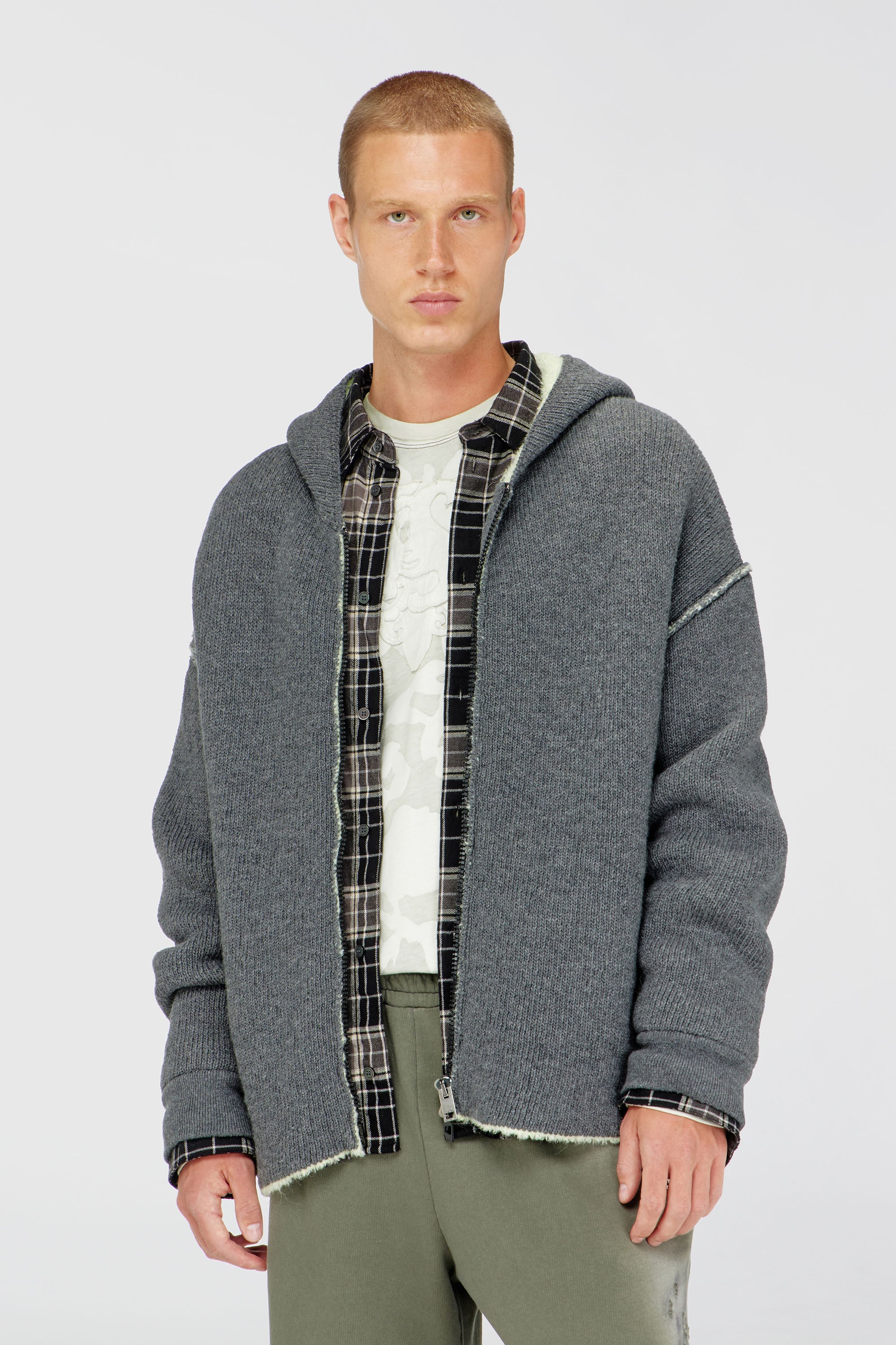 Diesel - K-BOUBBY, Sweat &agrave; capuche zipp&eacute; en maille &agrave; double texture Homme in Gris - 1