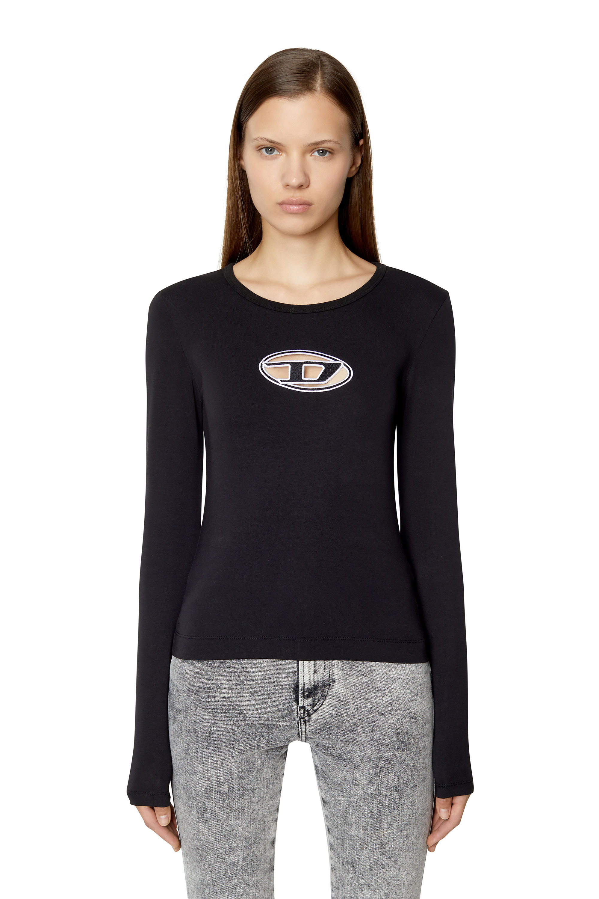 Diesel - T-ANGIE-LS, T-shirt à manches longues avec logo cut-out Femme in Noir - 1