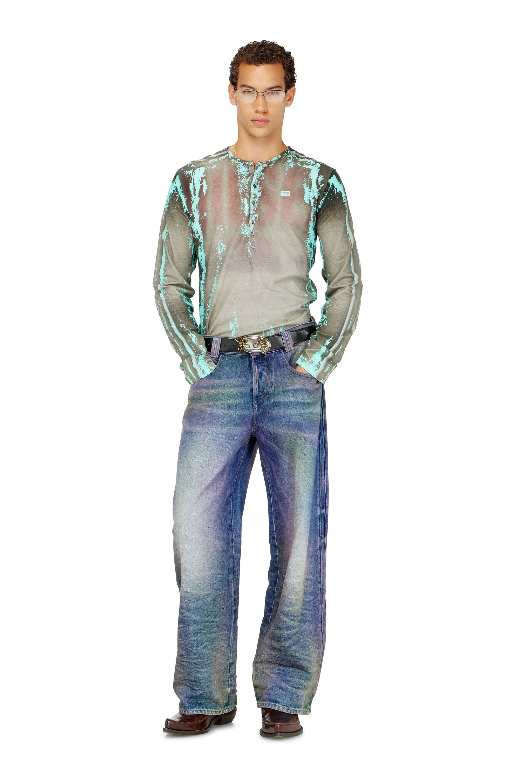 Diesel - T-FYNO-ML, Man's Grandad T-shirt in cracked leather-effect jersey in Green - 2