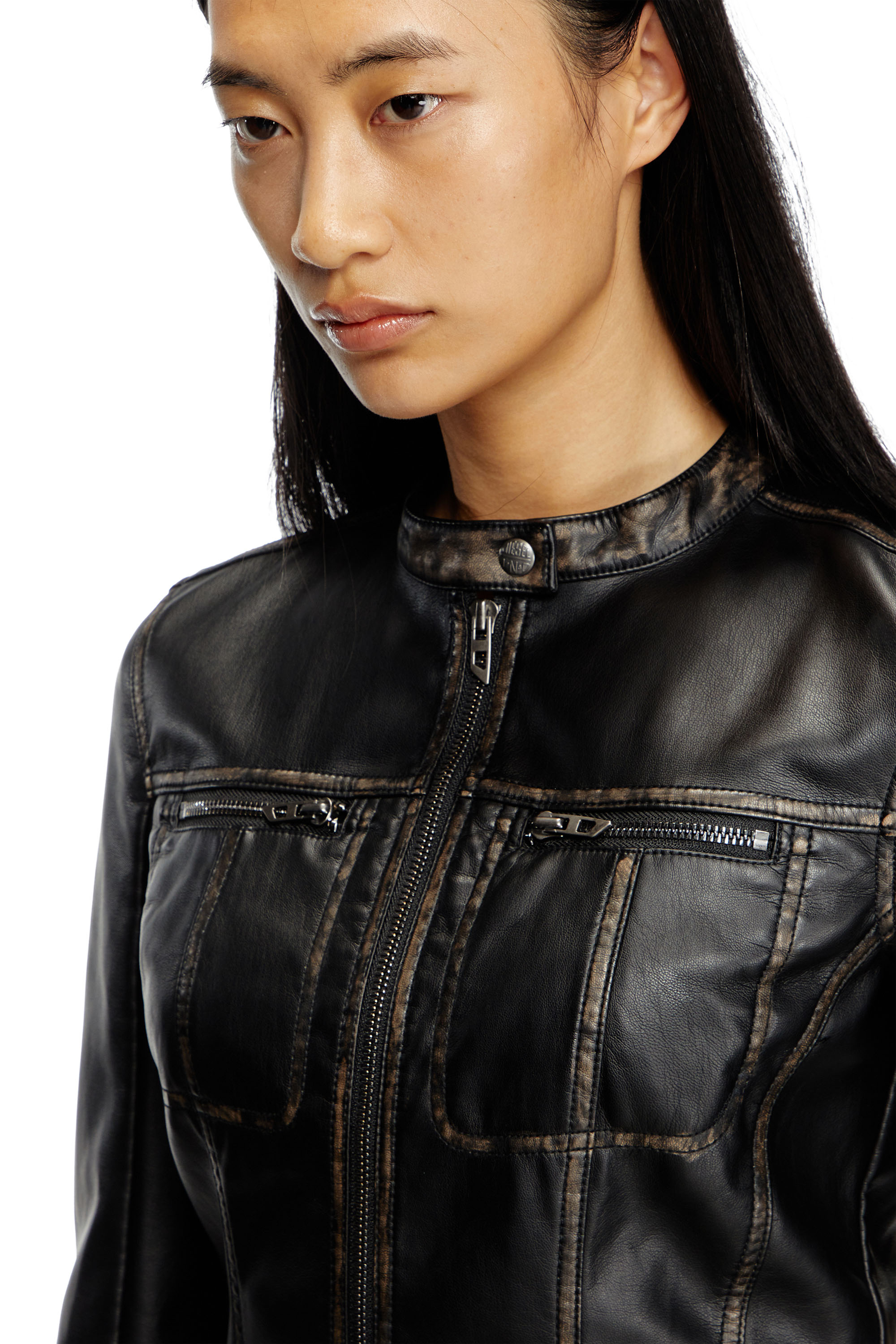 Diesel - G-LOBE, Veste biker crop effet vieilli Femme in Noir - 5