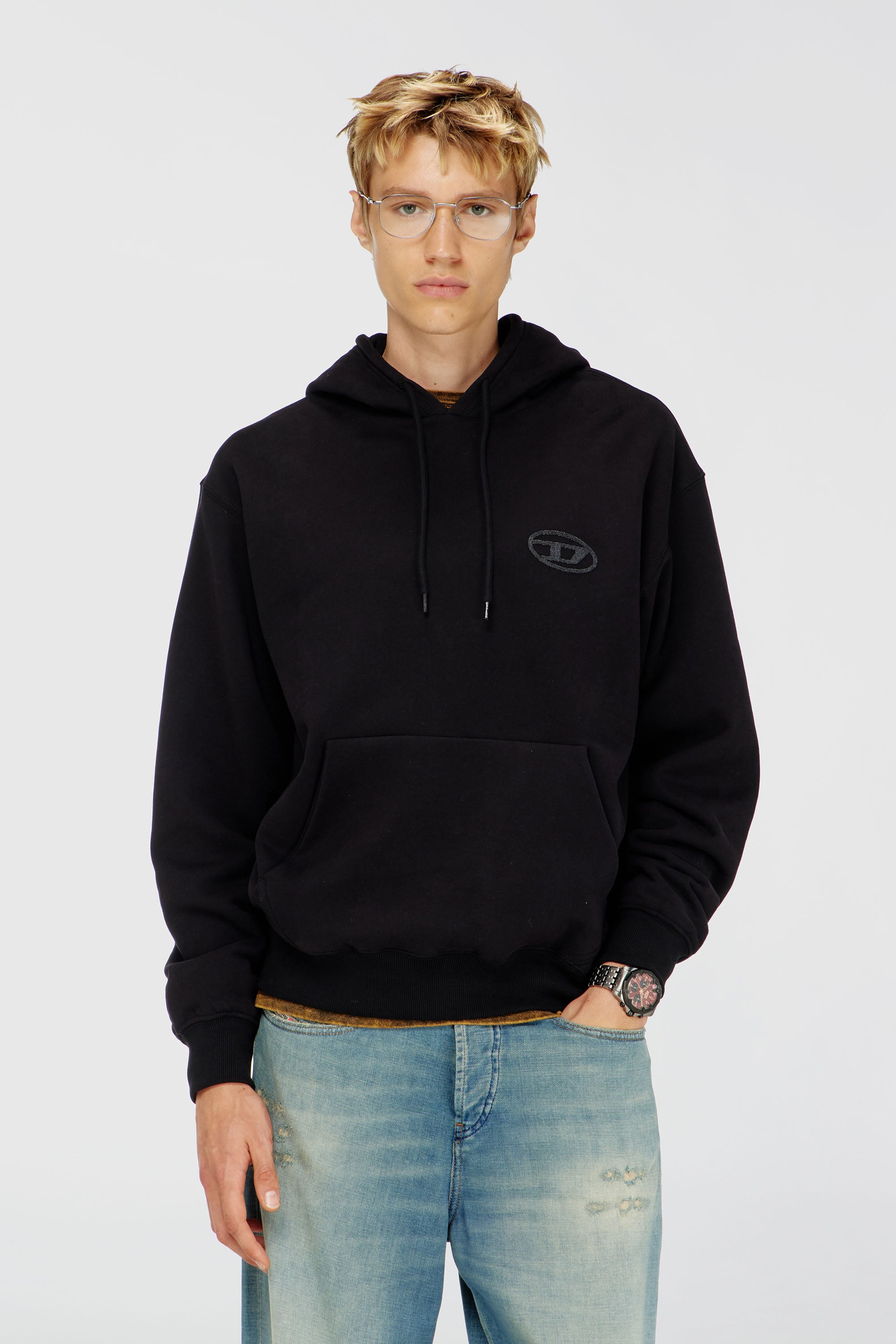 Diesel - S-LUK-H-T92, Sweat &agrave; capuche en coton avec broderie logo Oval D ton sur ton Homme in Noir - 1