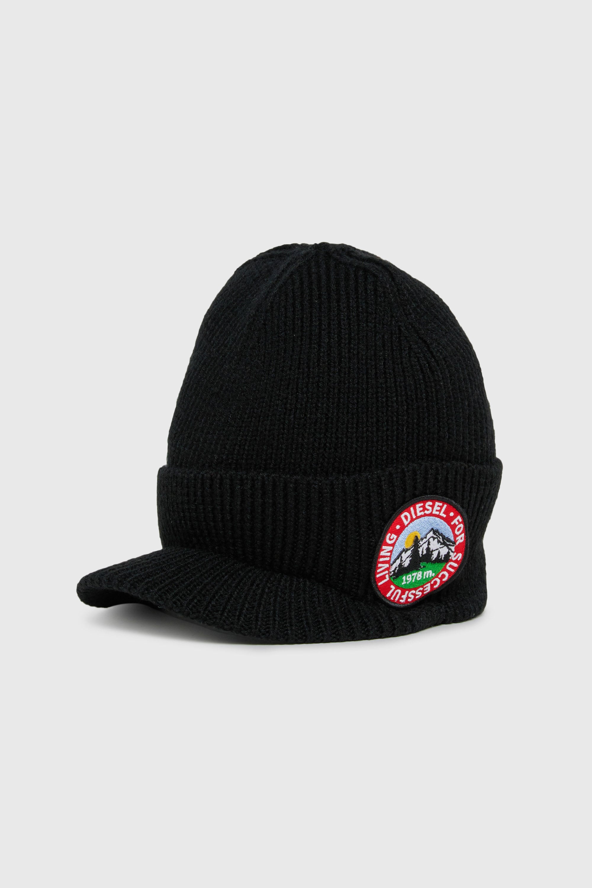 Diesel - FMONTI, Bonnet &agrave; visi&egrave;re en maille de laine c&ocirc;tel&eacute;e Mixte in Noir - 1