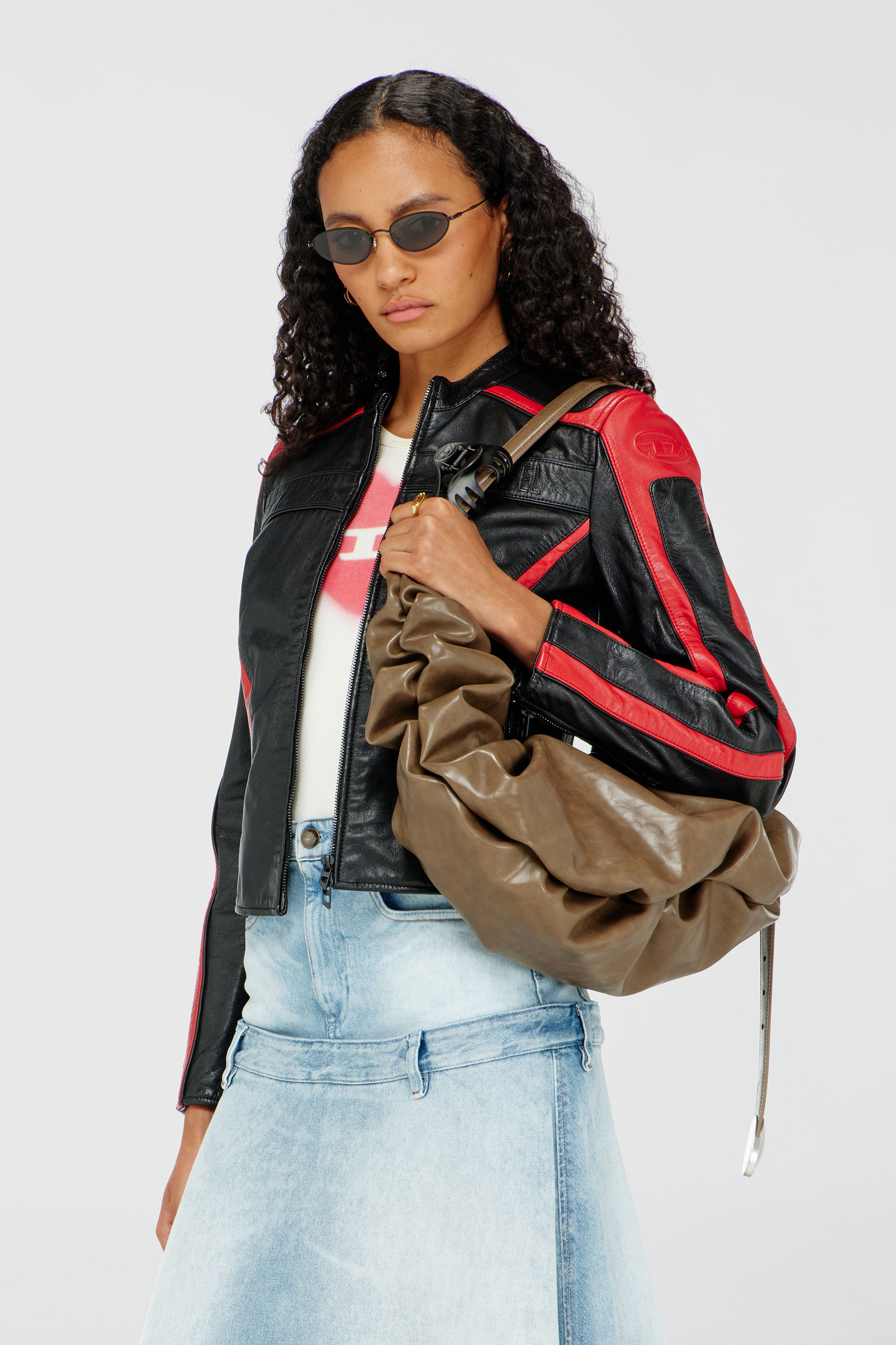 Diesel - L-OVABLE, Blouson motard en cuir color-block Femme in Polychrome - 3