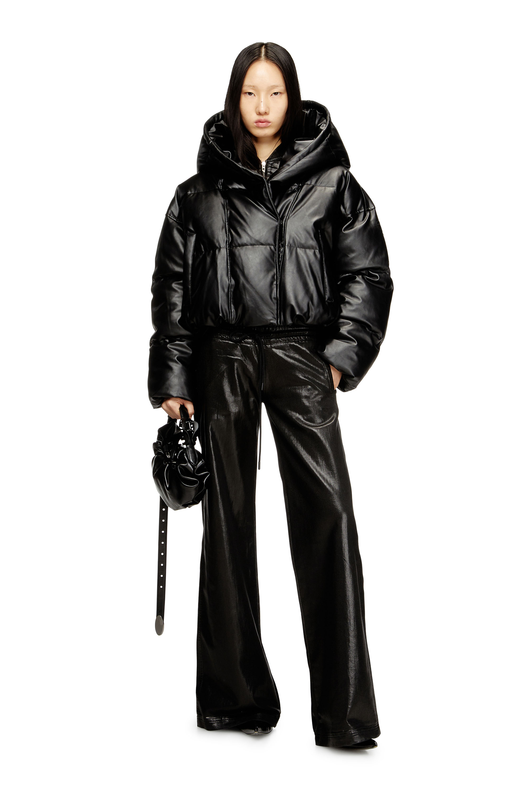 Diesel - W-ILLEY, Woman's Hooded puffer jacket in coated fabric in Black - 1