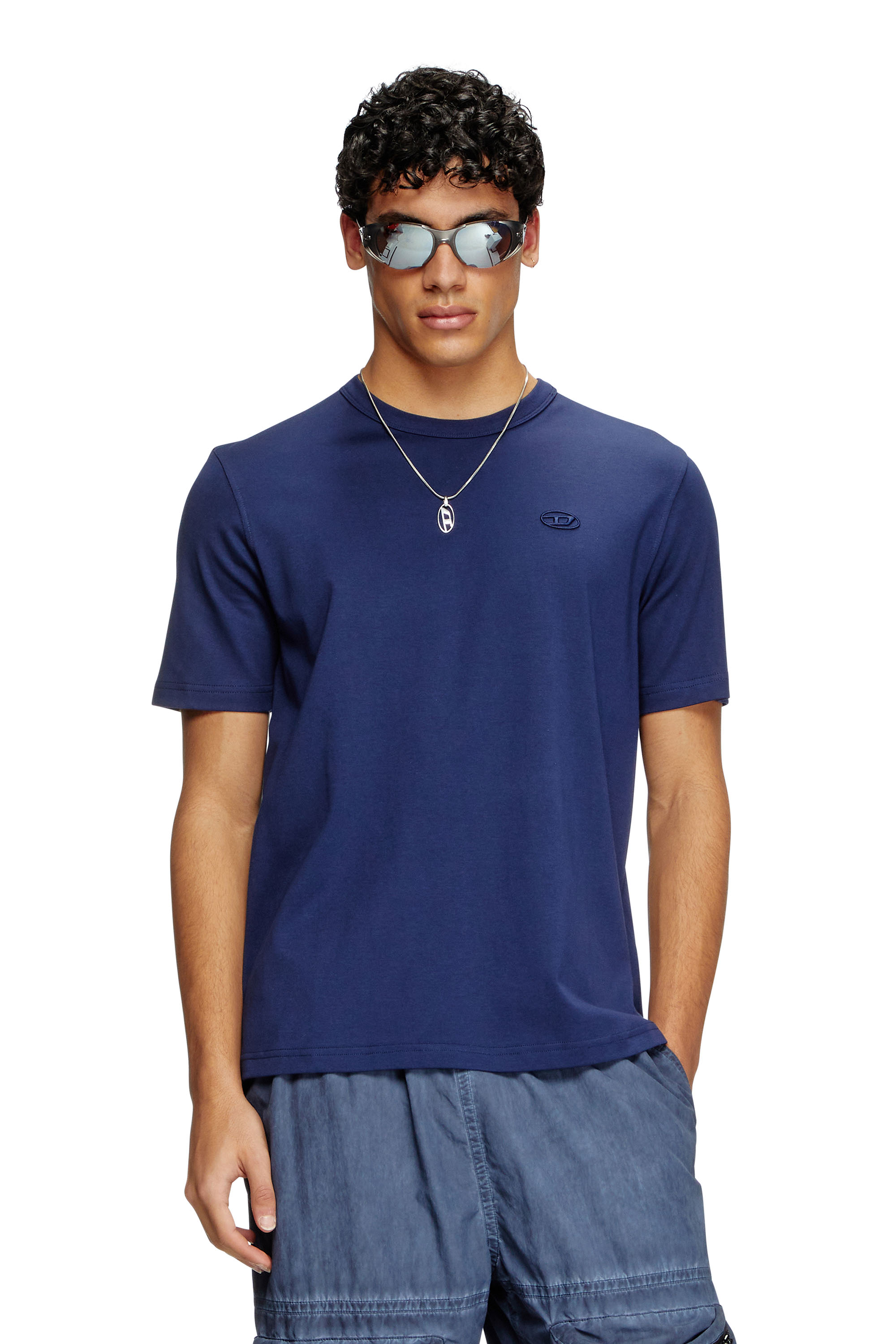 Diesel - T-ADJUST-SLITS-R17, Man's T-shirt with tonal logo embroidery in Night Blue - 3