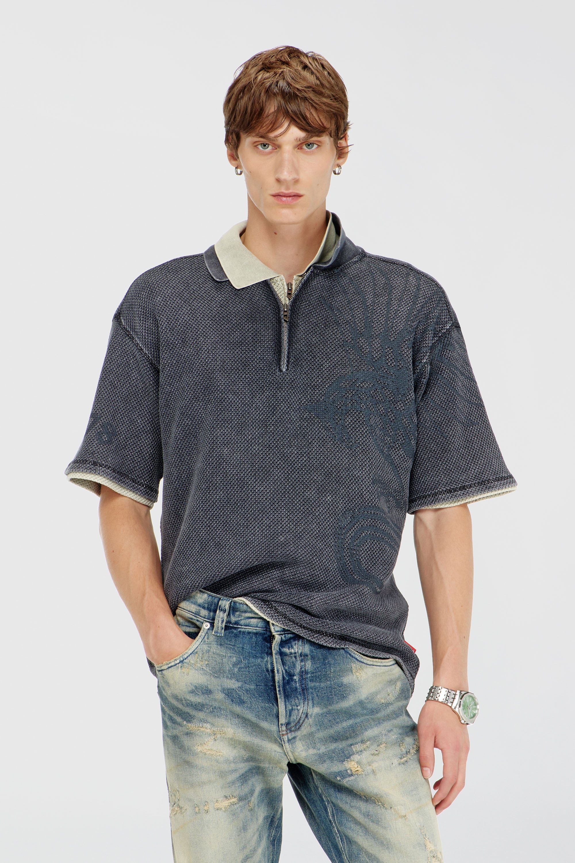 Diesel - T-ERRY-ZIP, Polo en mesh jacquard avec imprim&eacute; Phoenix Homme in Gris - 1