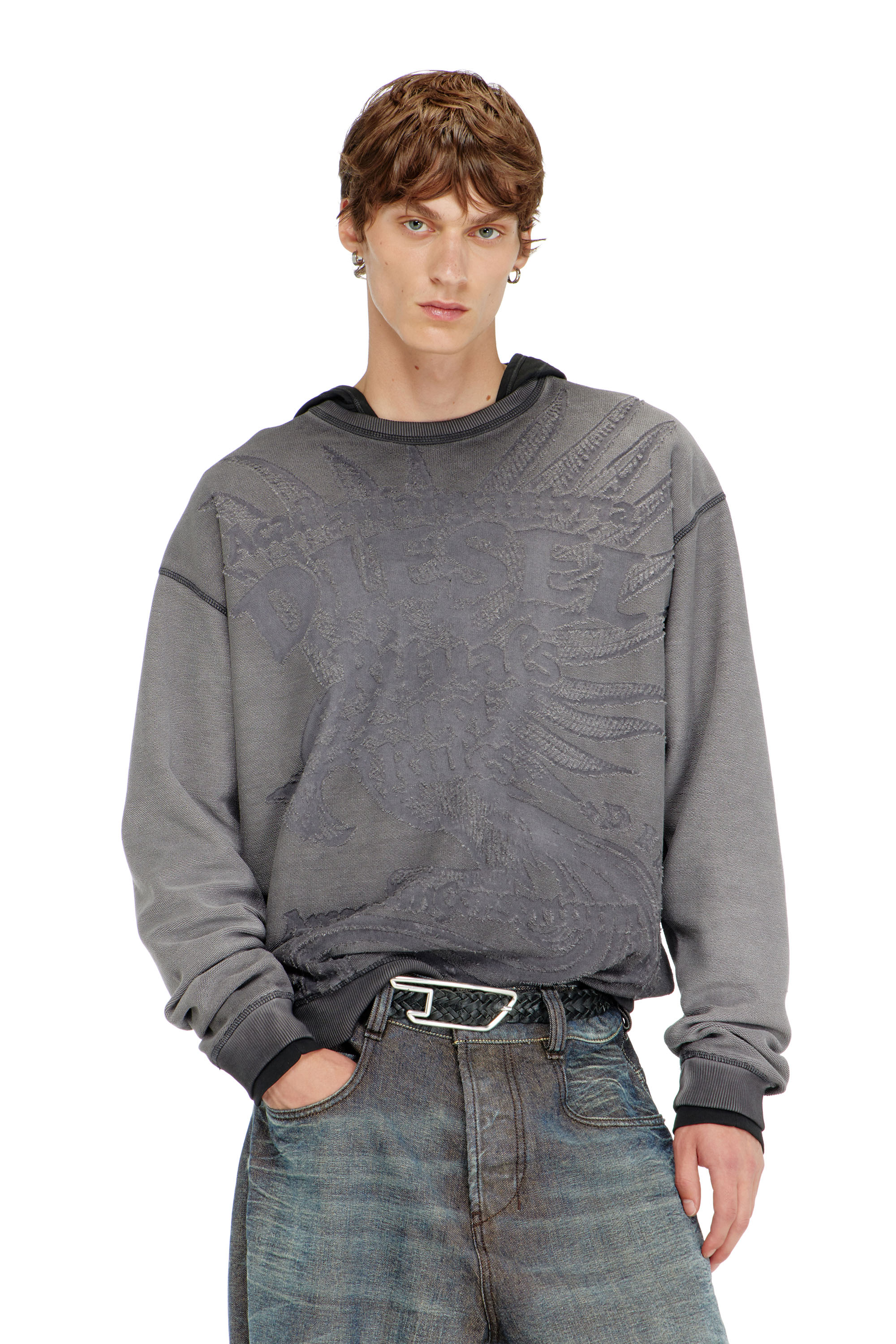 Diesel - S-ARON-RAW, Sweat-shirt avec imprim&eacute; d&eacute;vor&eacute; Homme in Gris - 1