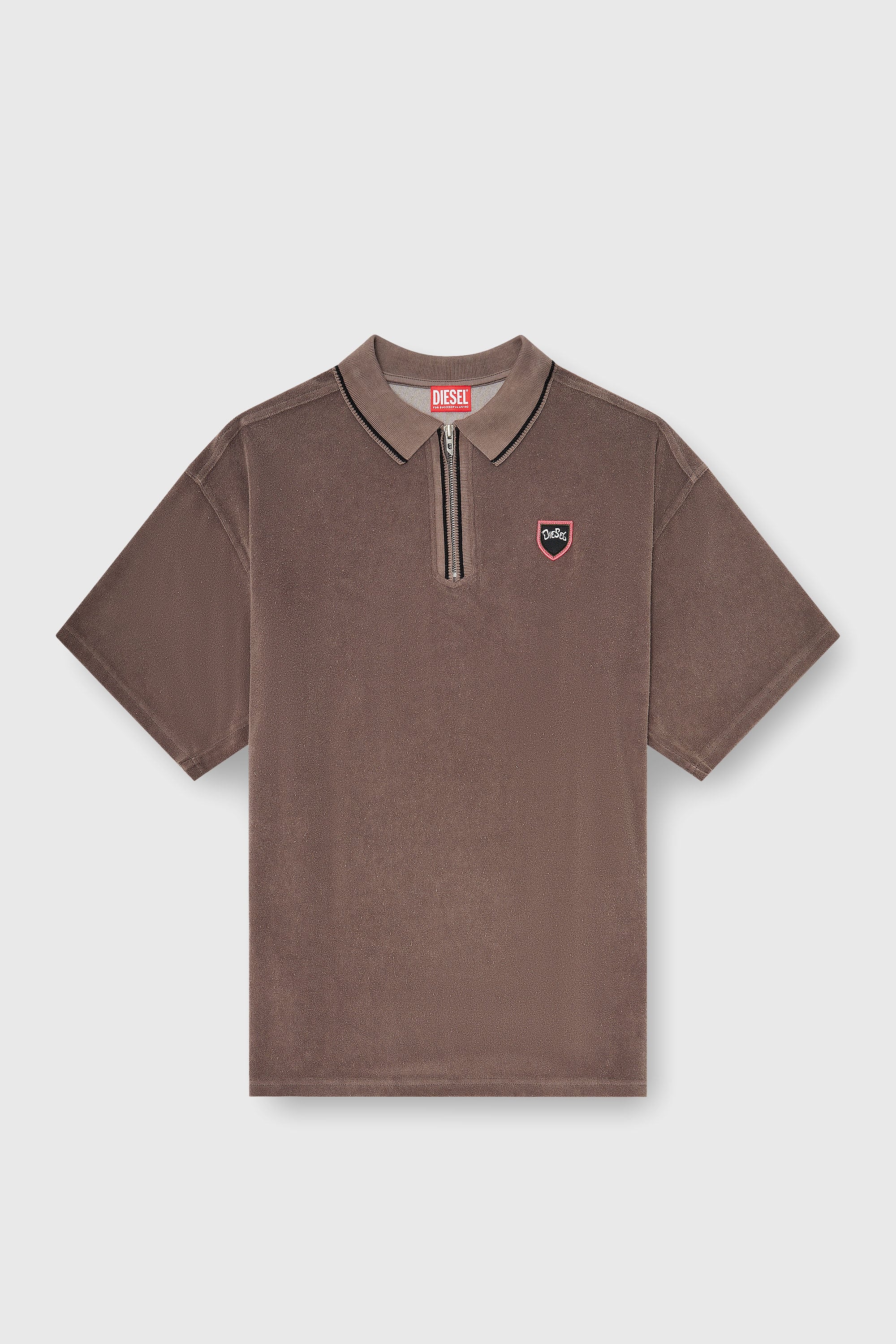 Diesel - T-SPONGY-ZIP, Polo en chenille avec patch blason Homme in Marron - 2
