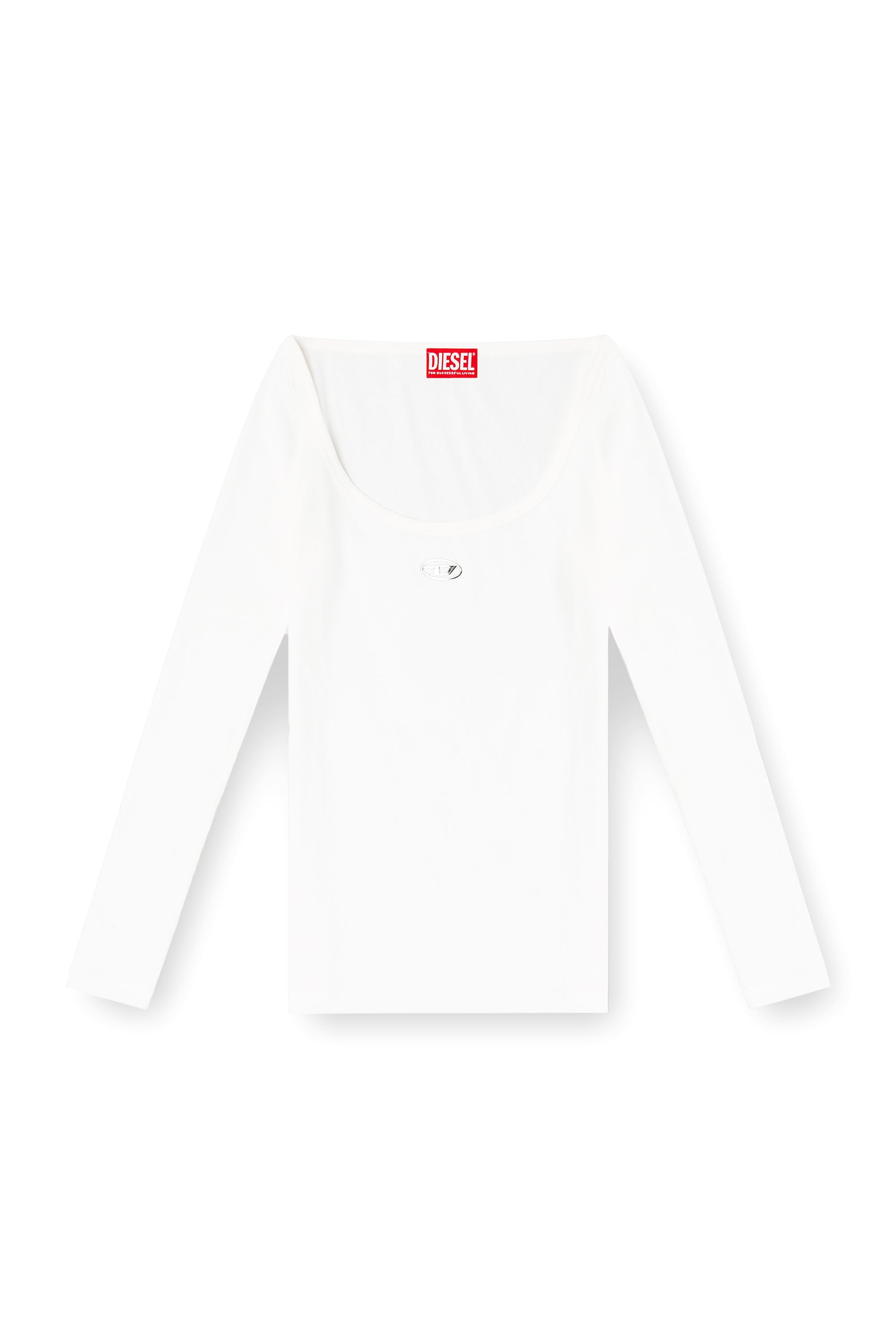 Diesel - T-BAL-OD, Haut &agrave; manches longues c&ocirc;tel&eacute; avec Oval D m&eacute;tallique Femme in Blanc - 3