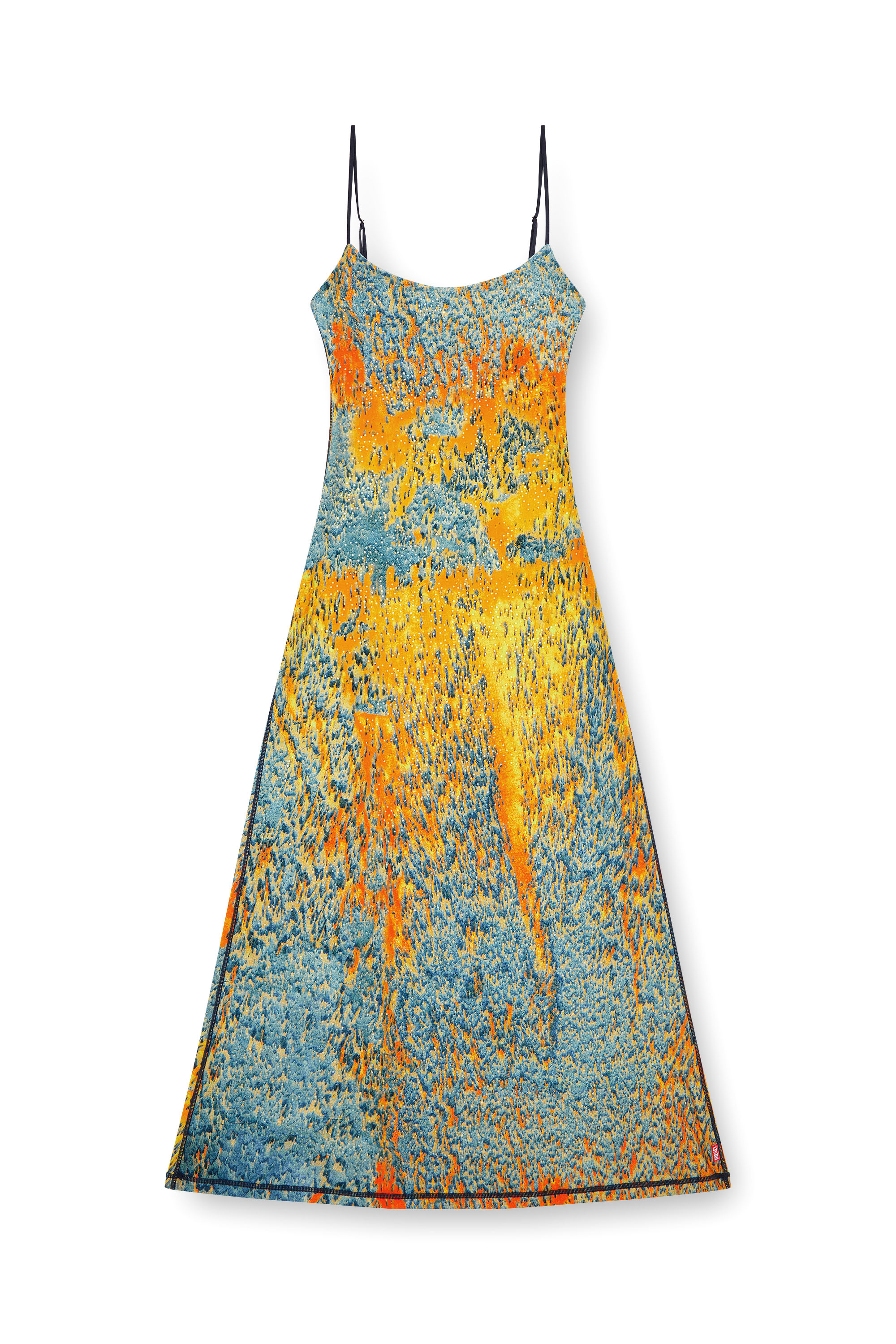 Diesel - D-AMOUR, Woman's Long printed dress with clear crystals in Blue/Orange - 1