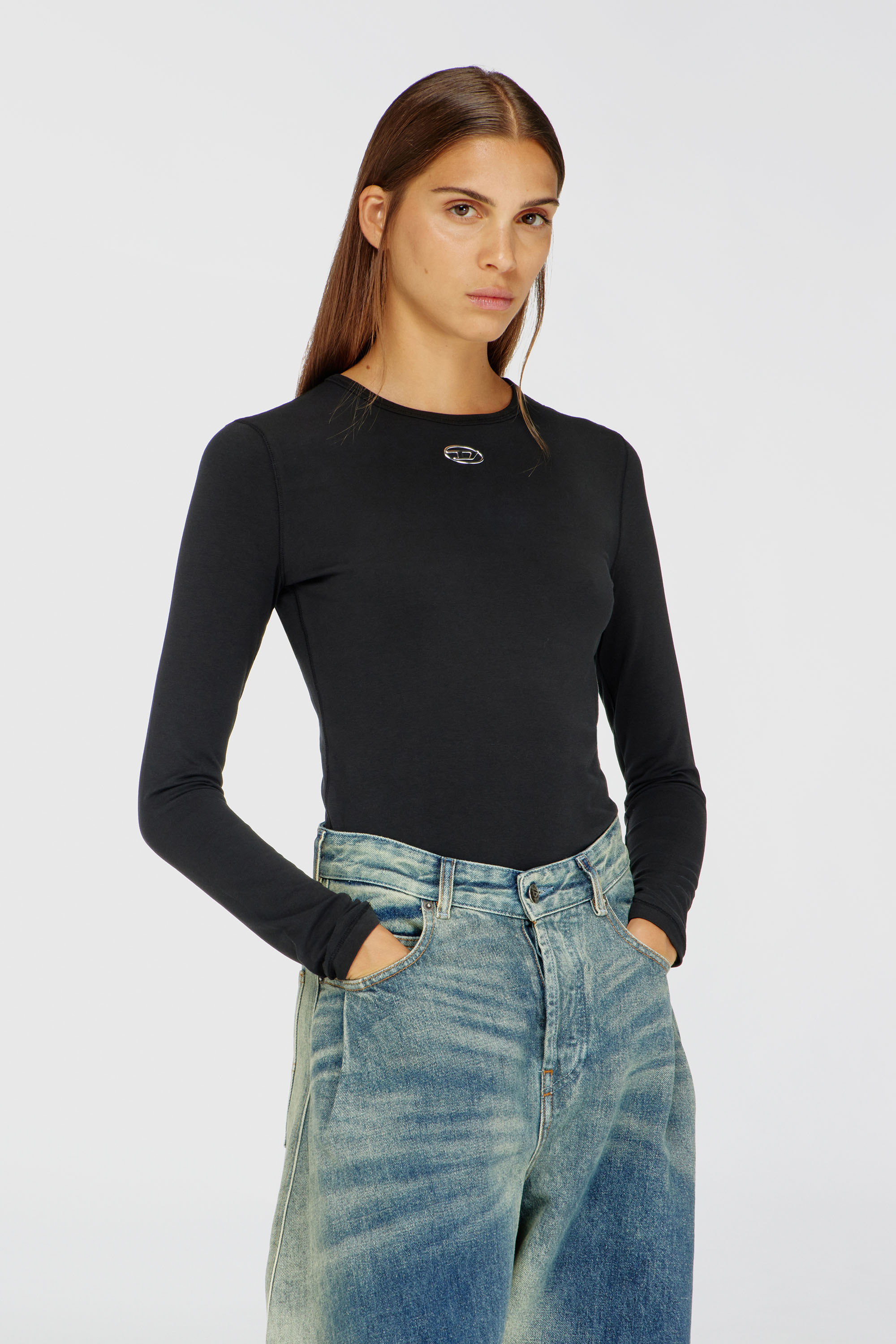 Diesel - T-UNCUTIESLONG-LS-OD, Pull en coton avec logo Oval D Femme in Noir - 1