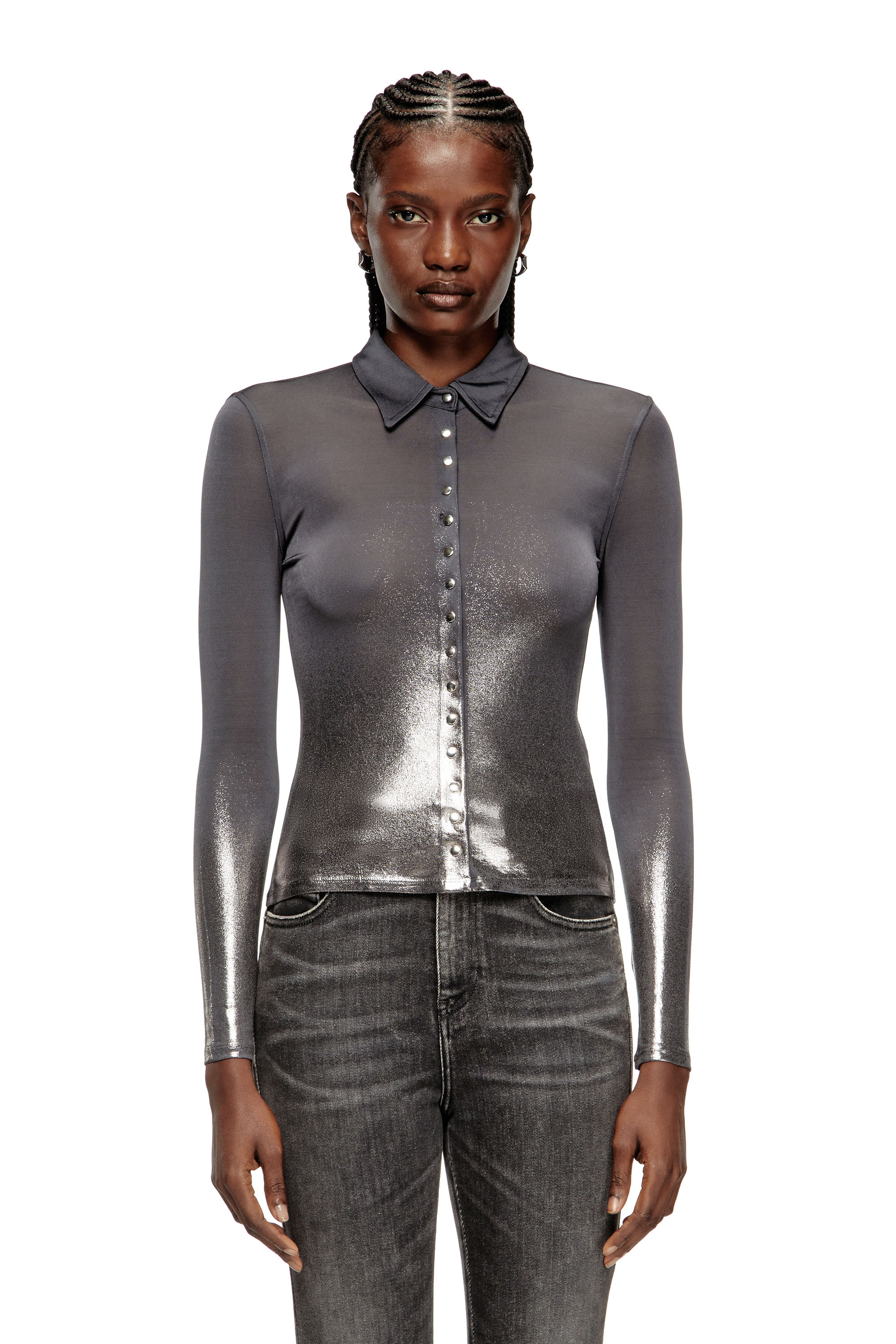 Diesel - C-POL, Chemise en acétate avec boutons et feuille métallique Femme in Gris - 1