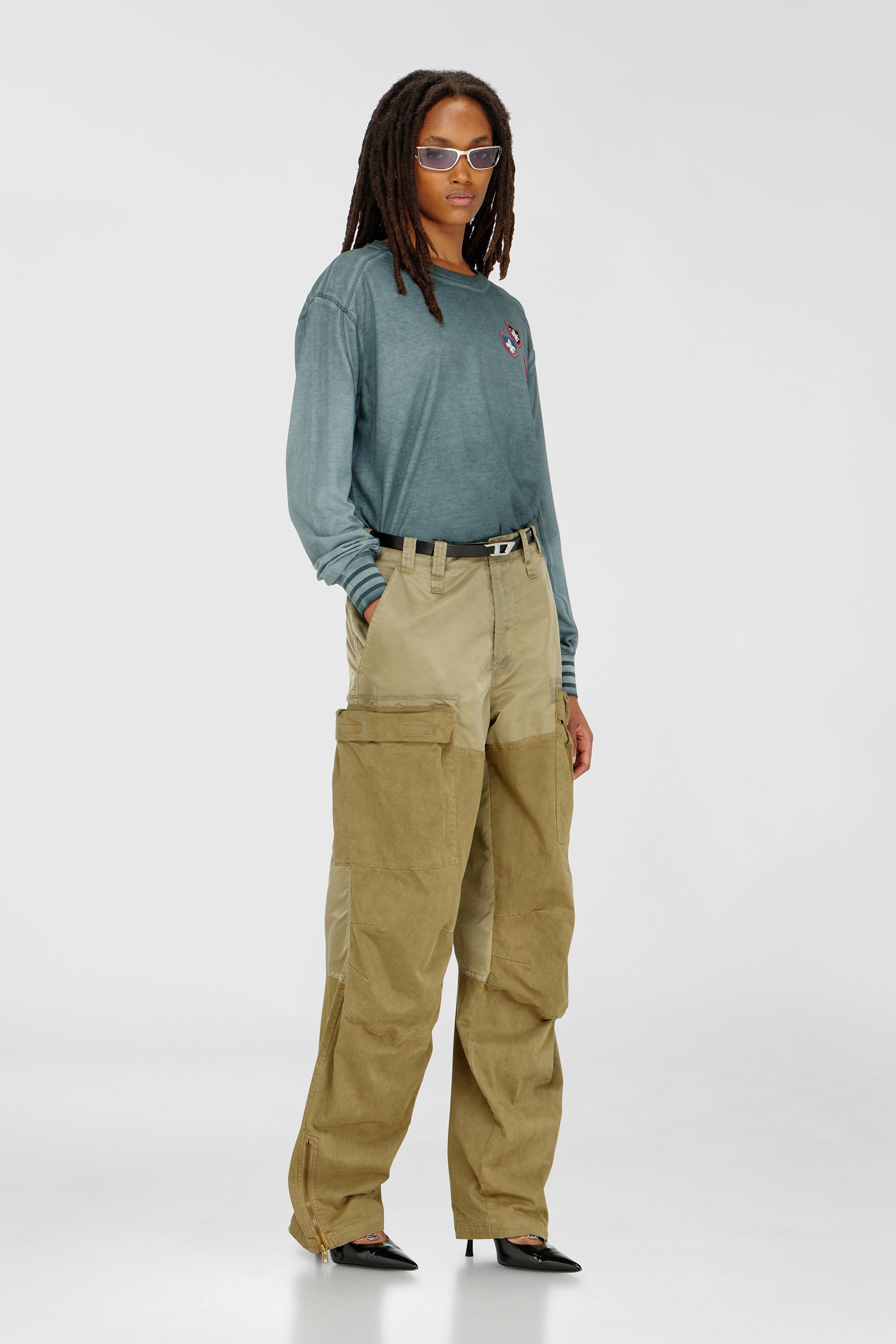 Diesel - T-BAWYE-LS, T-shirt avec patchs et empi&egrave;cements micro-waffle Femme in Vert - 2