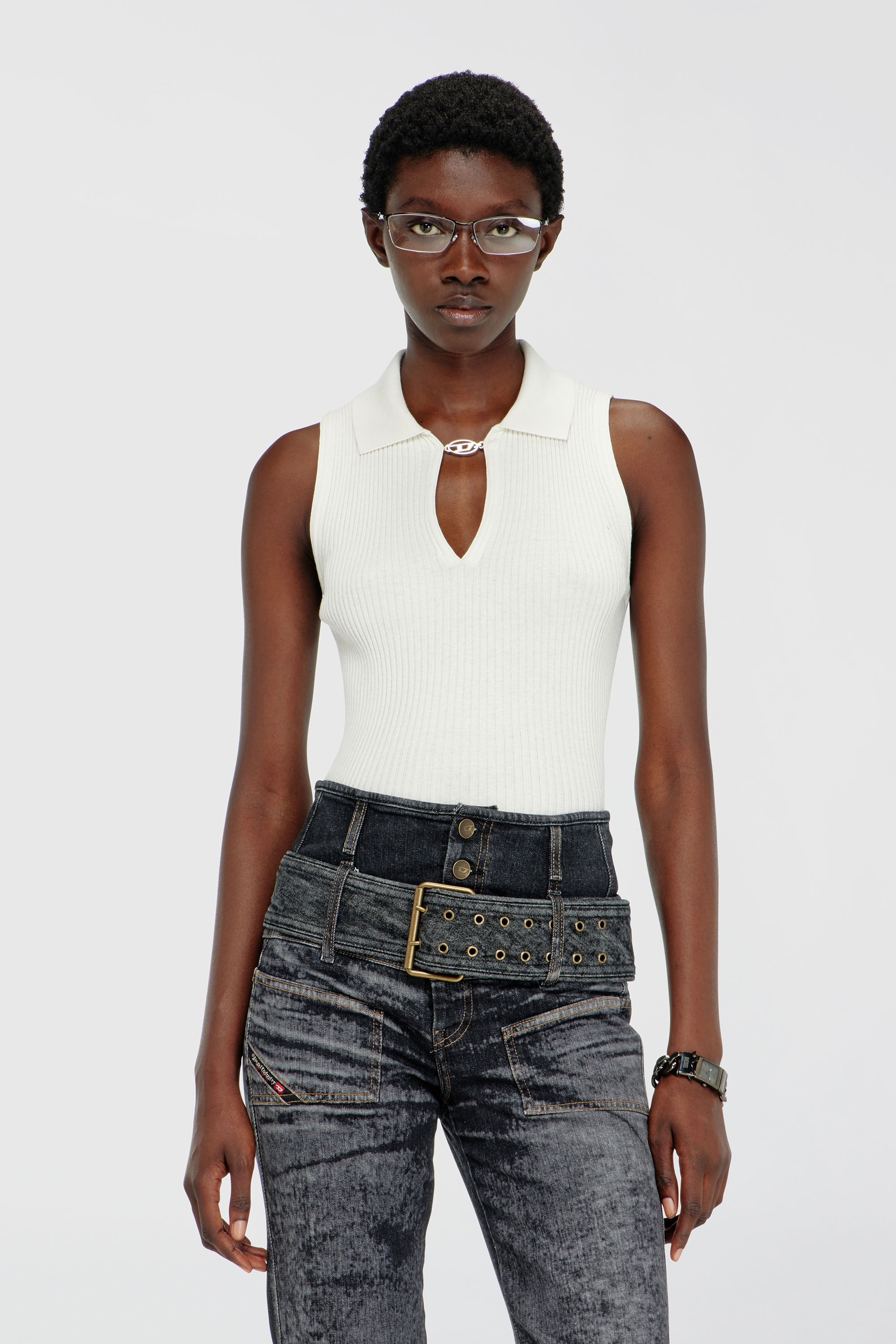 Diesel - M-LILITA, Polo sans manches en maille c&ocirc;tel&eacute;e, m&eacute;lange de soie Femme in Blanc - 3