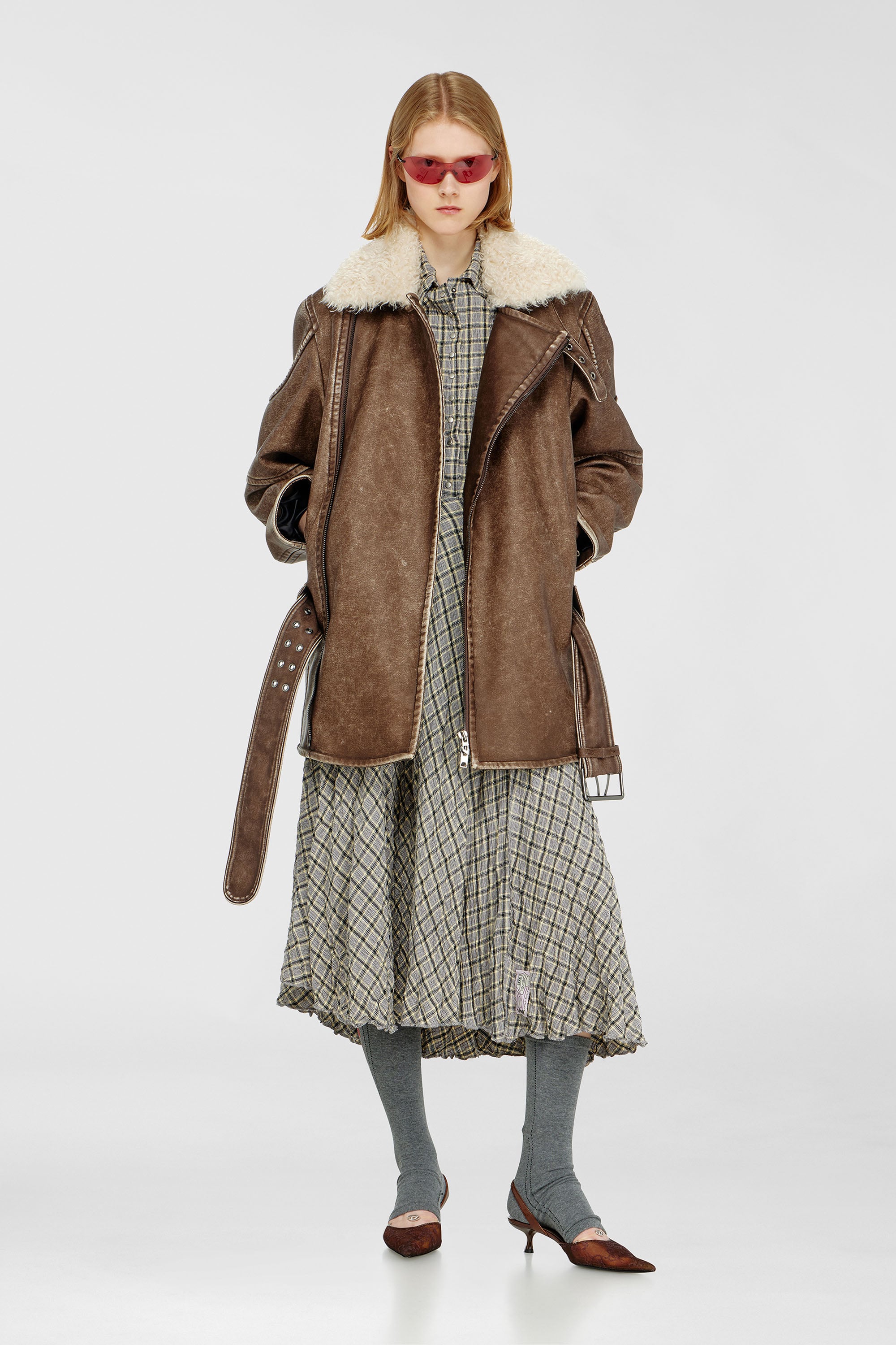 Diesel - O-XYGEN, Jupe midi &agrave; carreaux effet seersucker Femme in Gris - 1