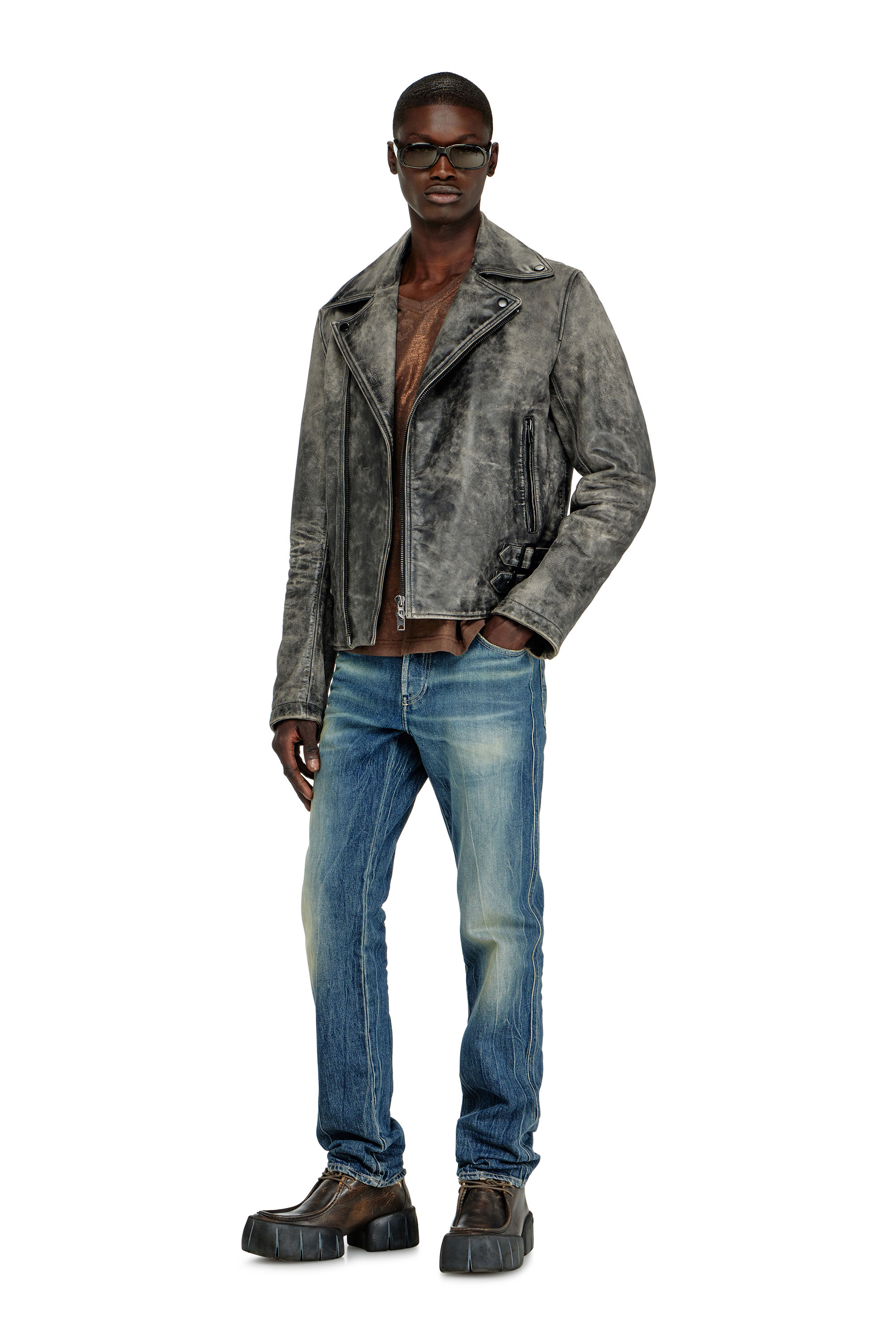 Diesel - L-EON-CJCM, Veste biker en cuir trait&eacute; Homme in Gris - 2