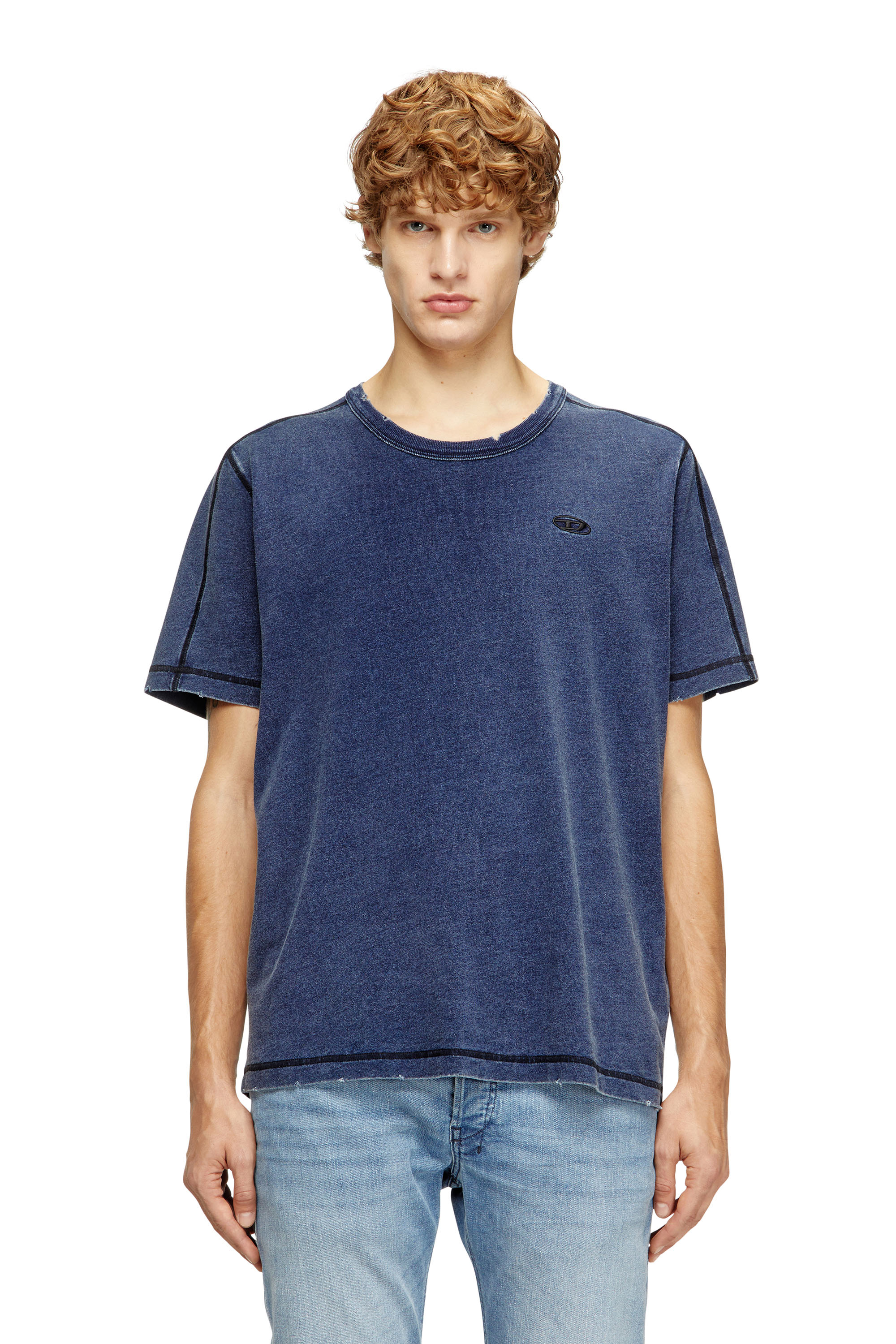 Diesel - T-ADJIND-NEW, T-shirt détériorée avec effet denim Homme in Bleu - 1