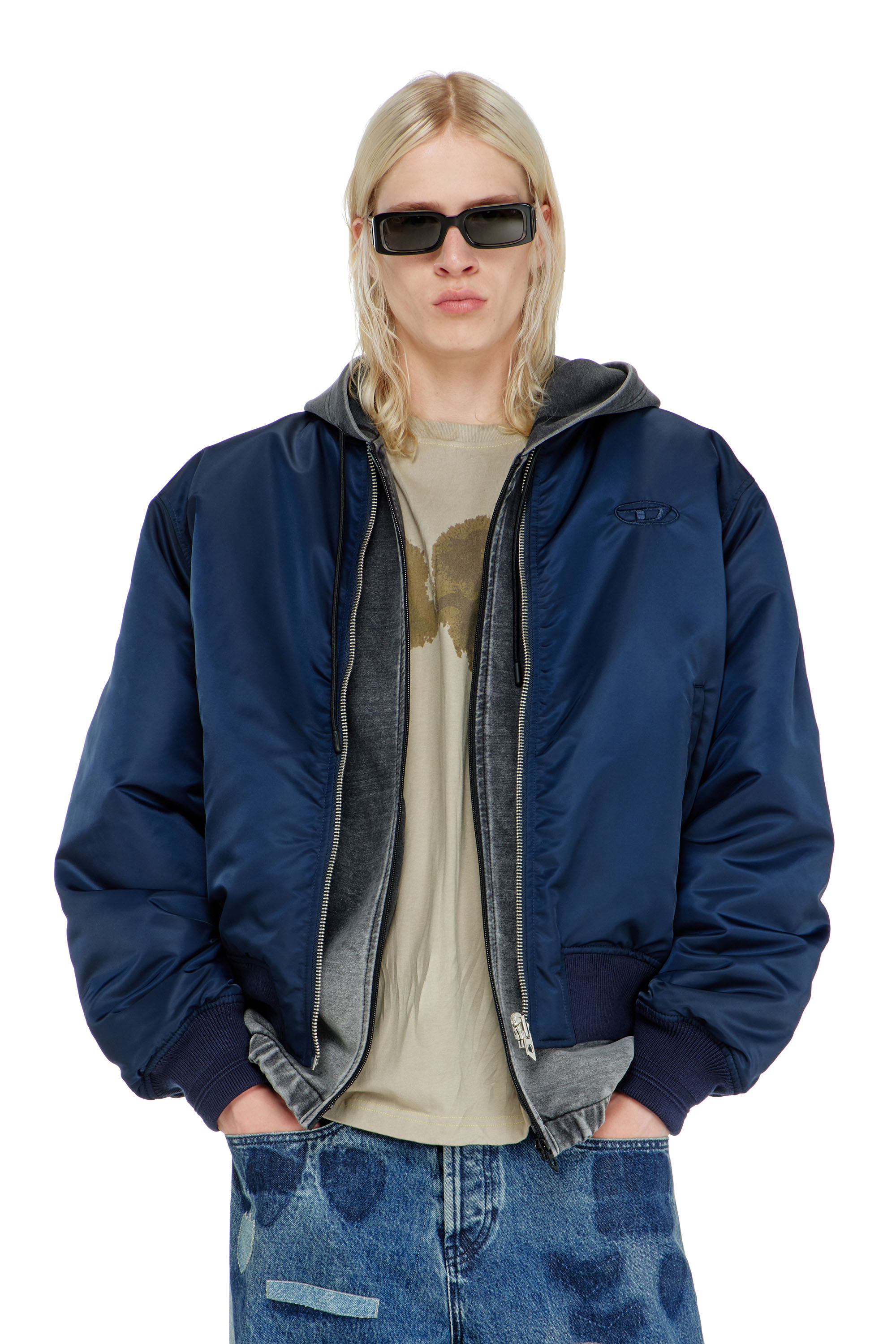 Diesel - W-TYPE-D1, Blouson aviateur rembourr&eacute; avec broderie Oval D Homme in Bleu - 1
