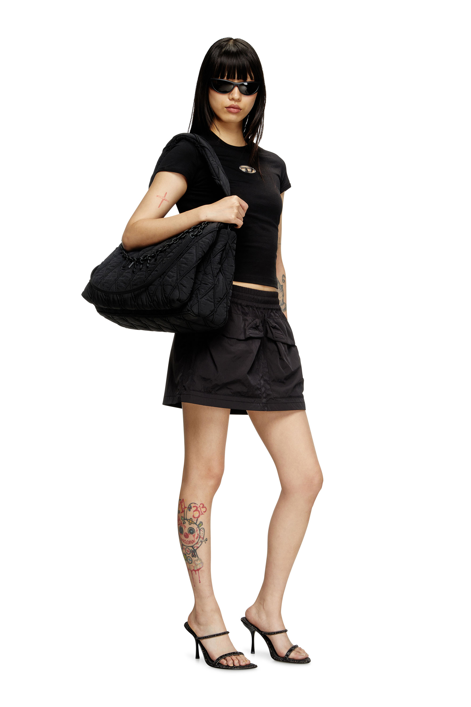 Diesel - CHARM-D SHOULDER L, Charm-D L-Sac à bandoulière en nylon délavé matelassé Femme in Noir - 2