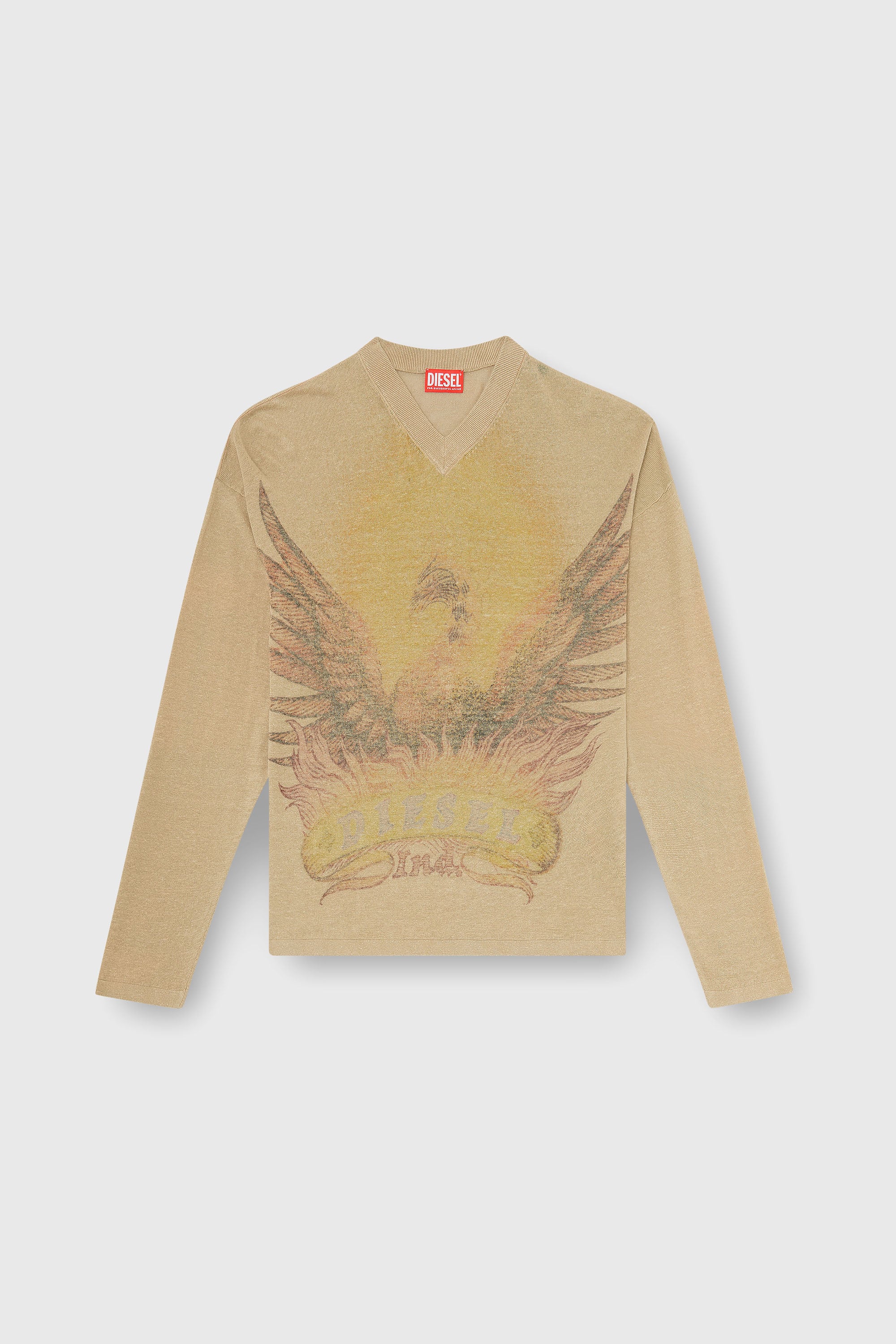 Diesel - K-ARMINS, Pull en lin avec imprim&eacute; Phoenix d&eacute;lav&eacute; Homme in Beige - 2