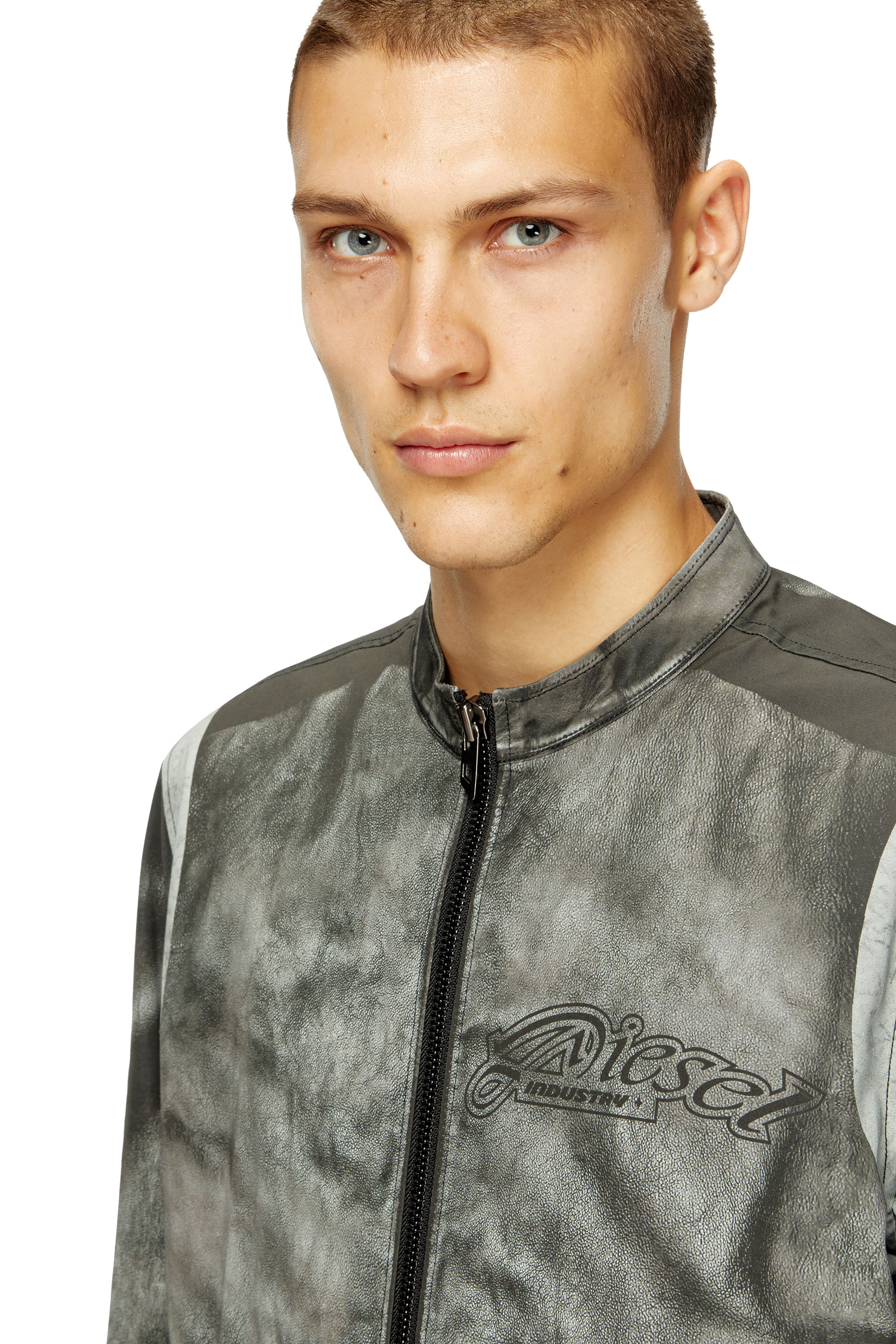 Diesel - J-EVERT, Man's Biker jacket in printed canvas in Dark grey - 5