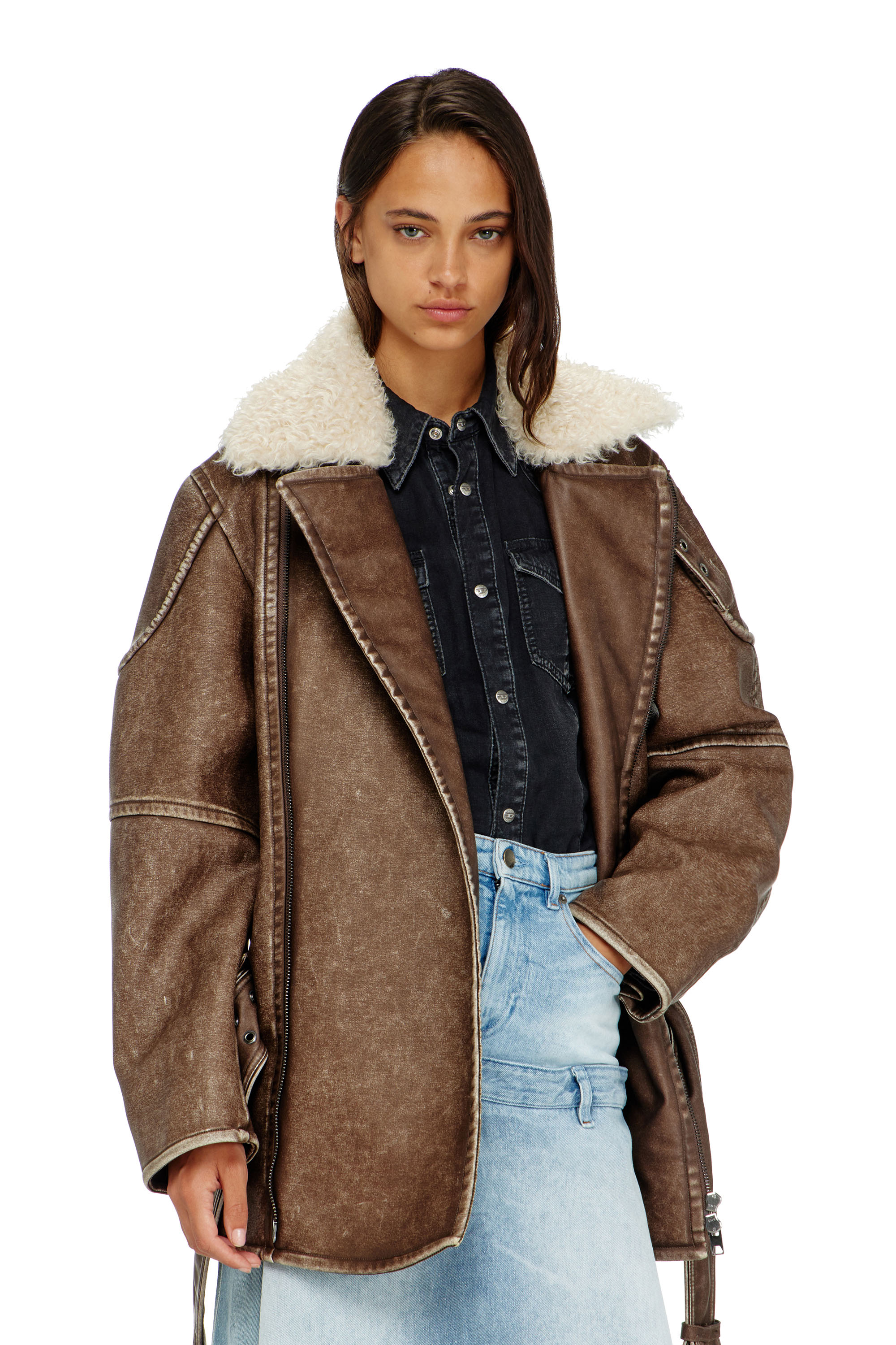 Diesel - G-EYSER, Manteau aviateur-biker crois&eacute; Femme in Marron - 5