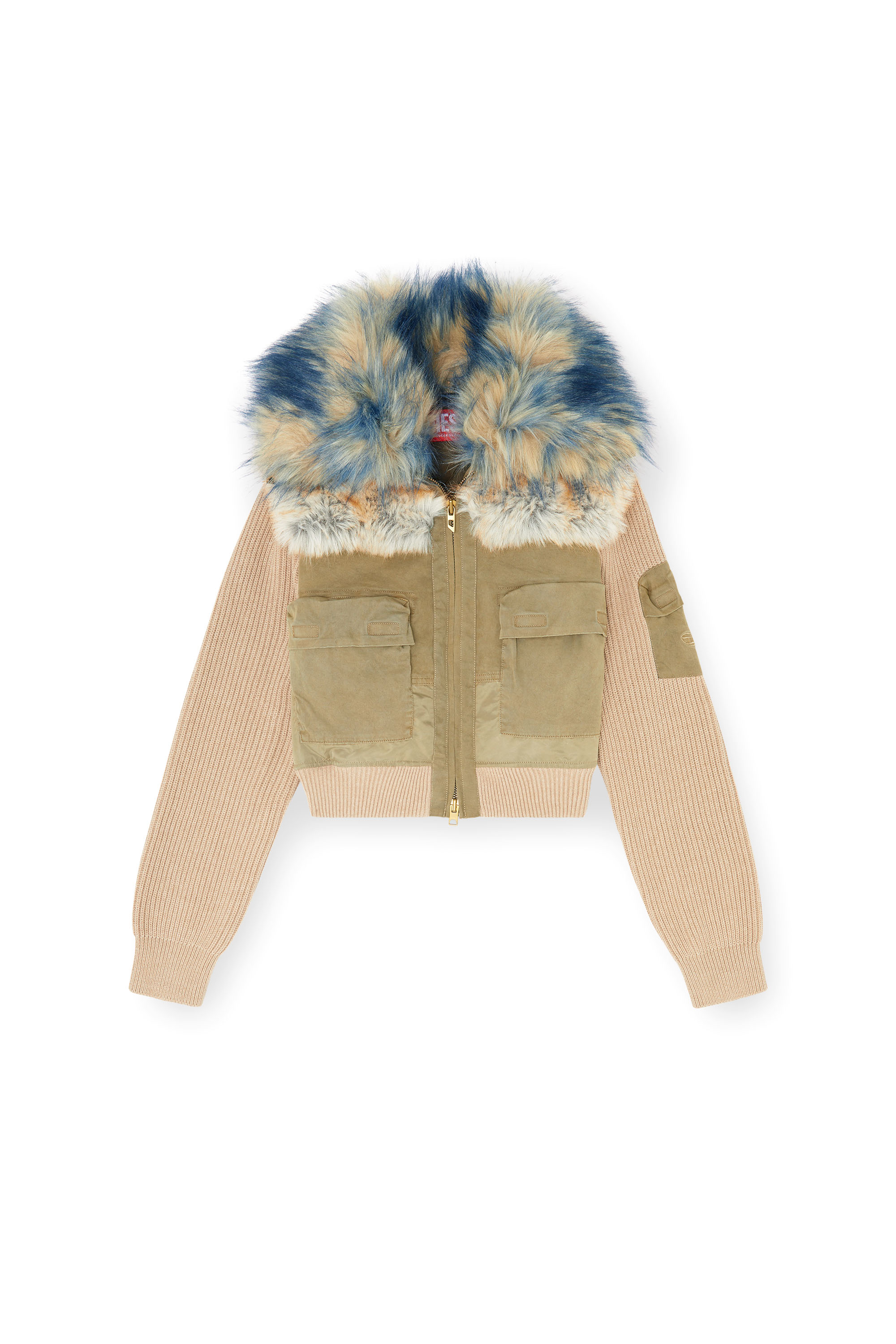 Diesel - G-USTAV, Blouson avec finitions en maille c&ocirc;tel&eacute;e et effet peluche Femme in Beige - 2