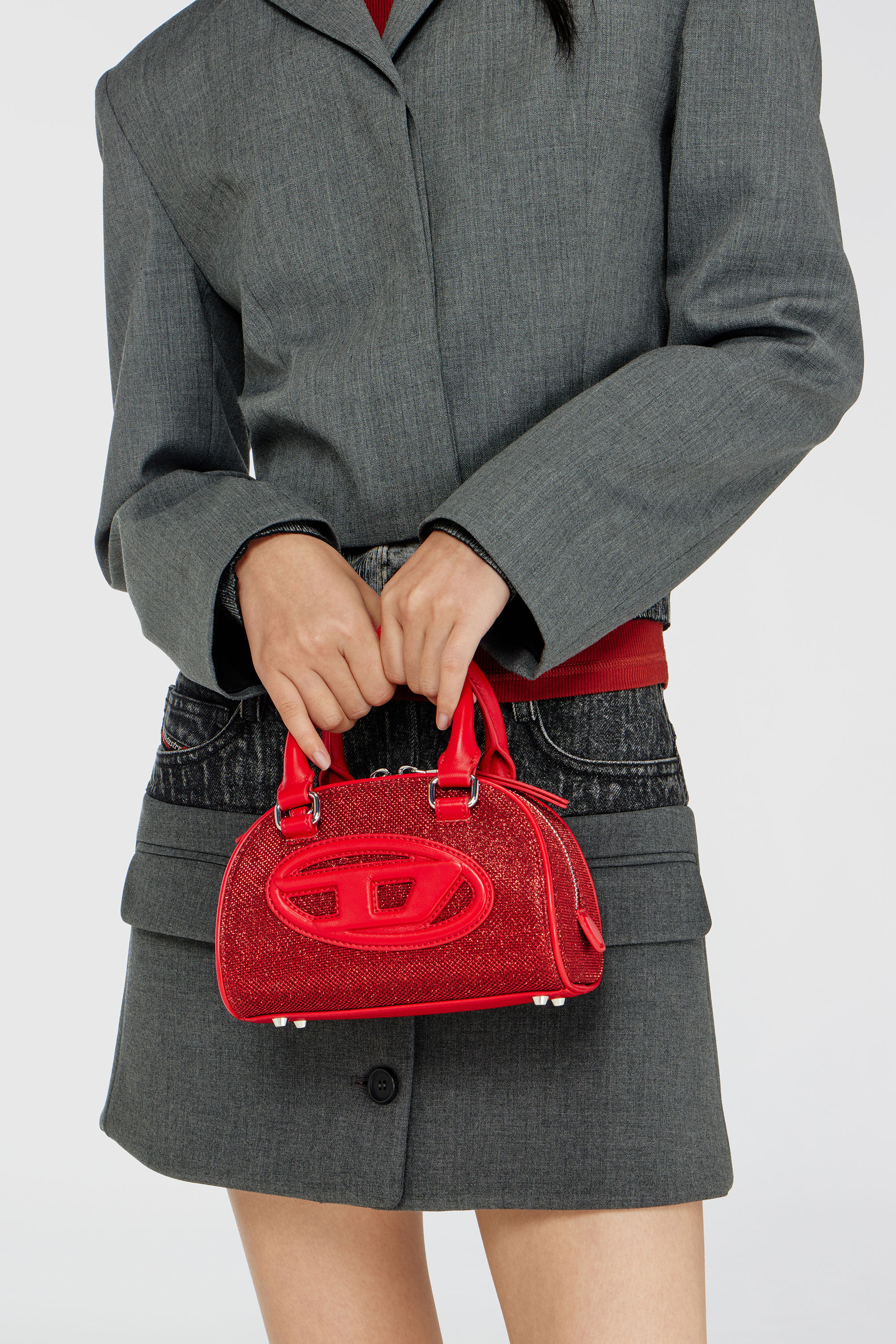 Diesel - 1DR DOME CROSSBODY, 1DR Dome - Petit sac bowling en tissu Lurex Femme in Rouge - 2