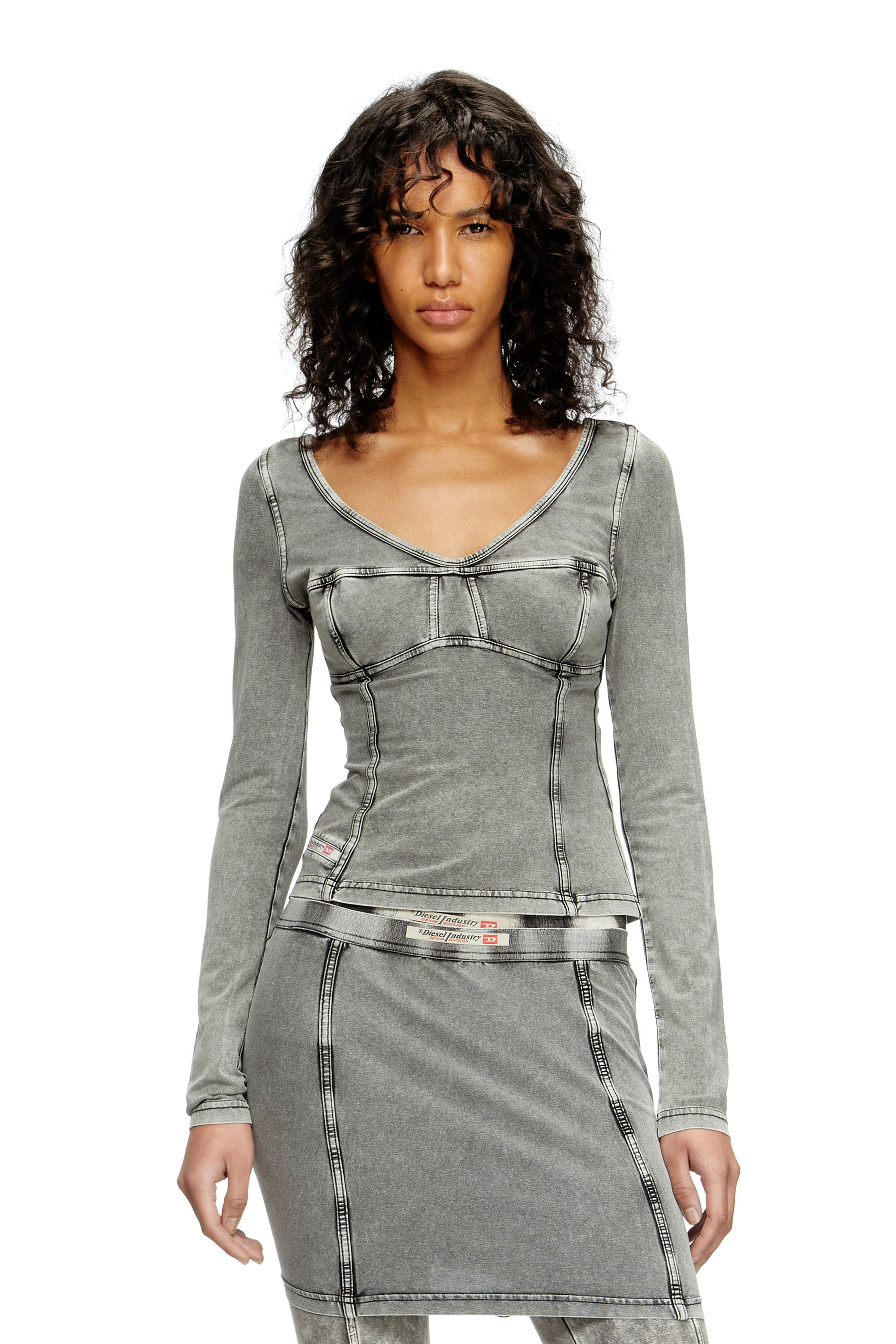 Diesel - T-ELIN, Top à manches longues à effet denim Femme in Gris - 1
