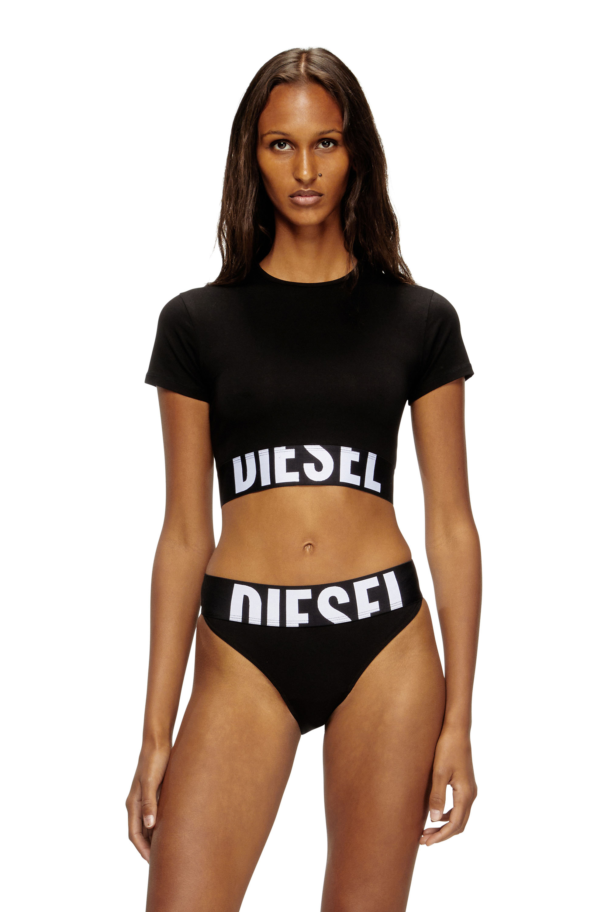 Diesel - UFTEE-SPORT-CROPPED-T-SHIRT, Top crop sportif avec bande à logo Femme in Noir - 1