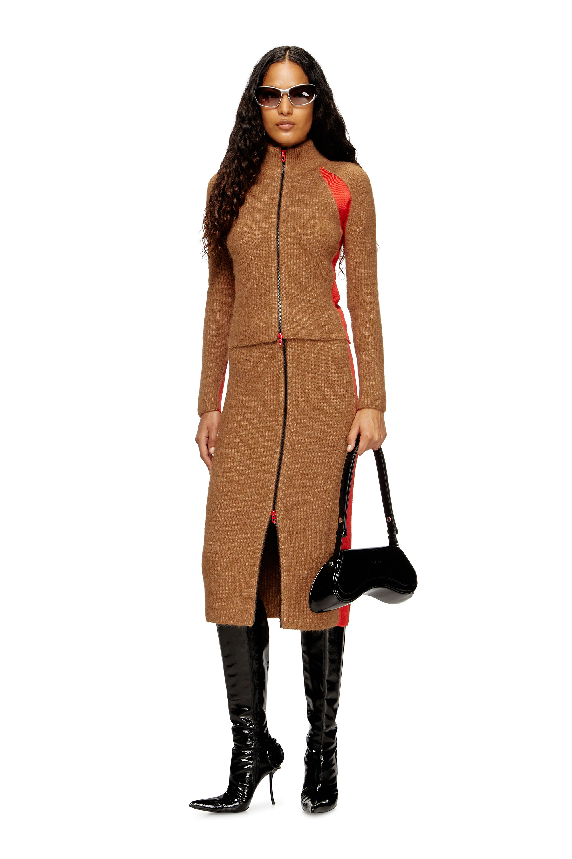 Diesel - M-LOUISE, Cardigan en mélange d'alpaga avec inserts contrastants Femme in Marron - 2