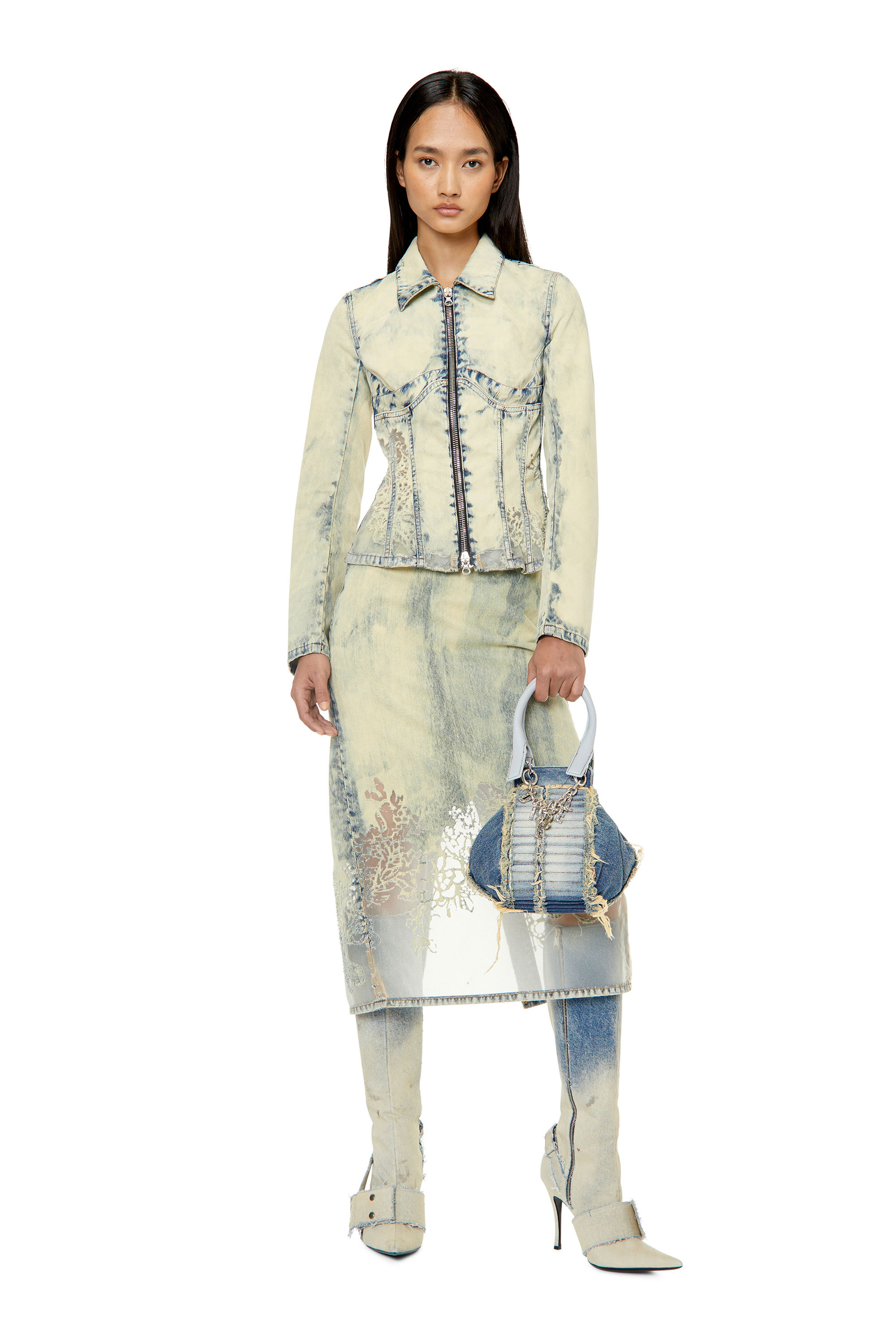 Diesel - DE-MILLY-FSC, Veste trucker slim fit effet dentelle Femme in Bleu - 1