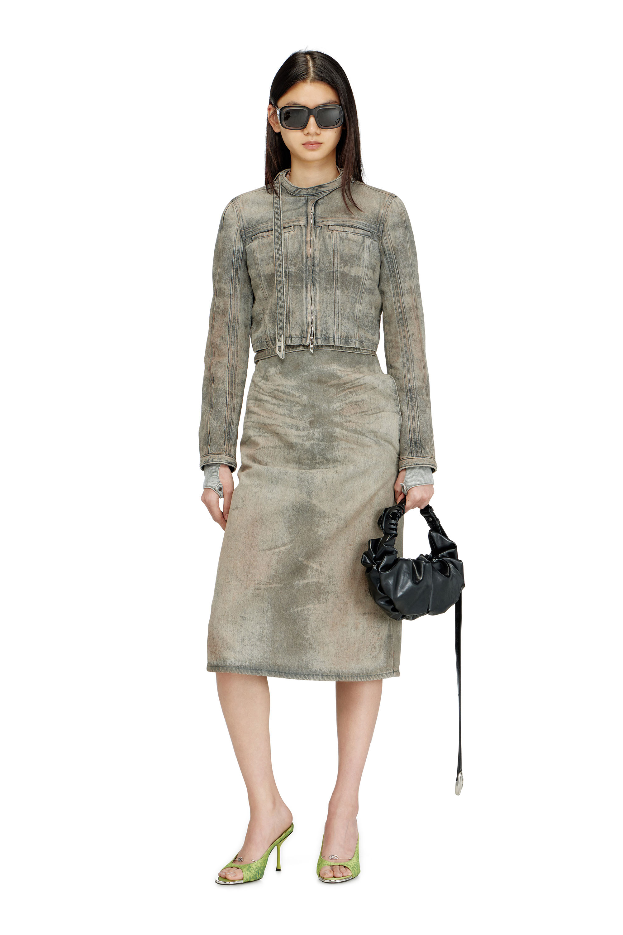 Diesel - DE-MORIKA-FSI, Jupe &agrave; demi-longueur en satin denim coton-chanvre Femme in Gris - 2