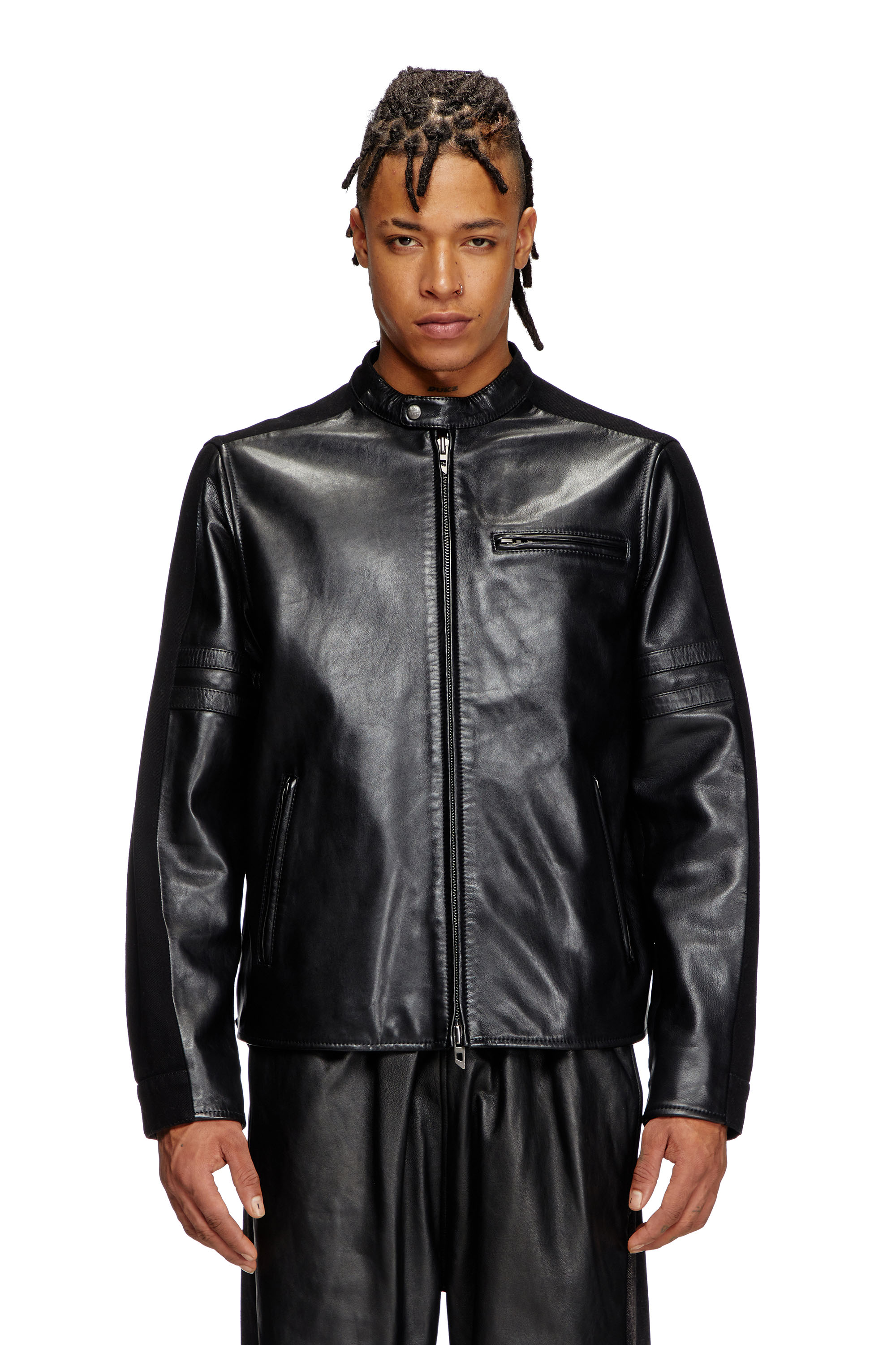 Diesel - L-SIMZ, Veste hybride en denim et cuir Homme in Noir - 1