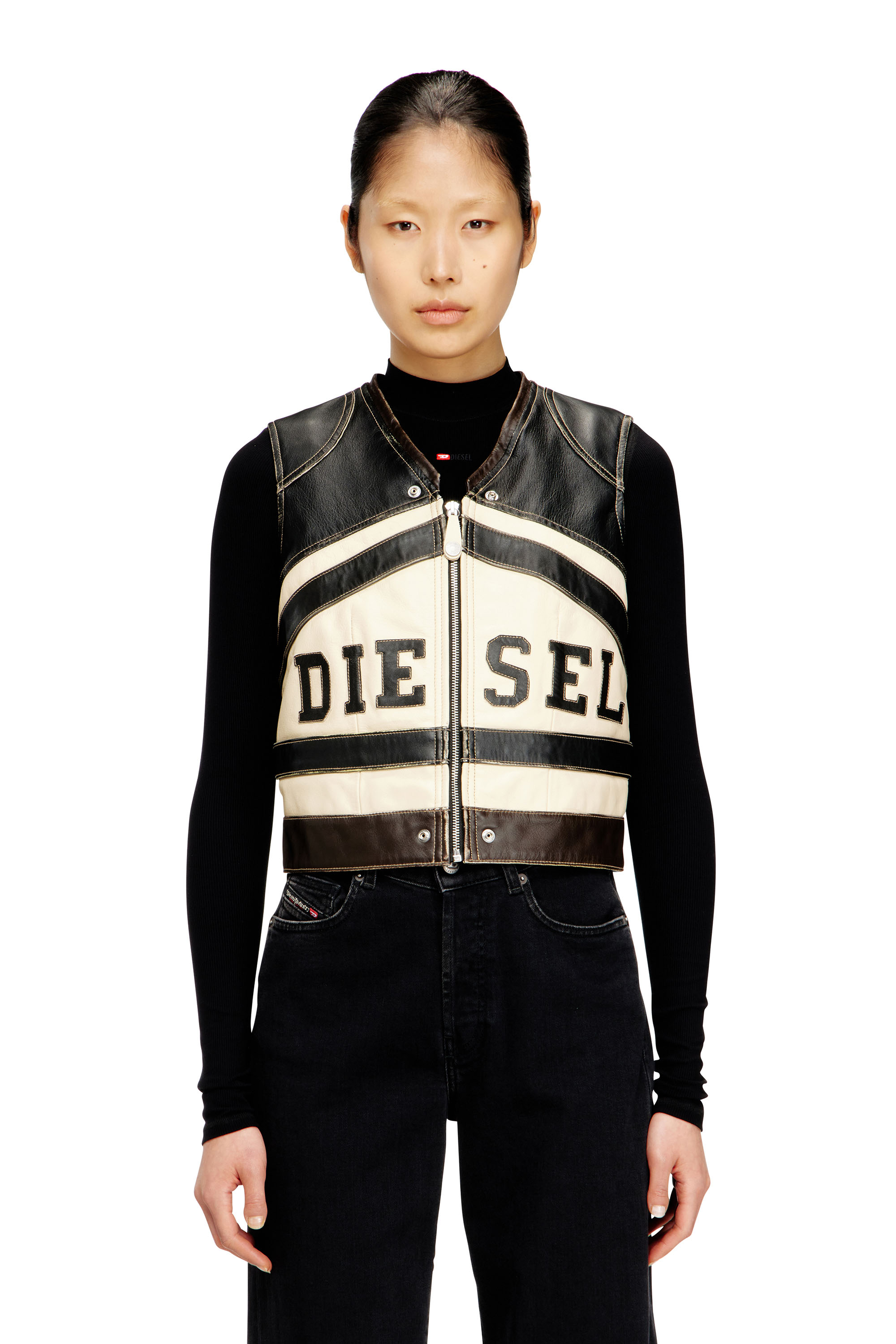 Diesel - L-FLYCOU-20TH, Gilet en cuir avec logo sur le devant et bandes contrast&eacute;es Femme in Polychrome - 1