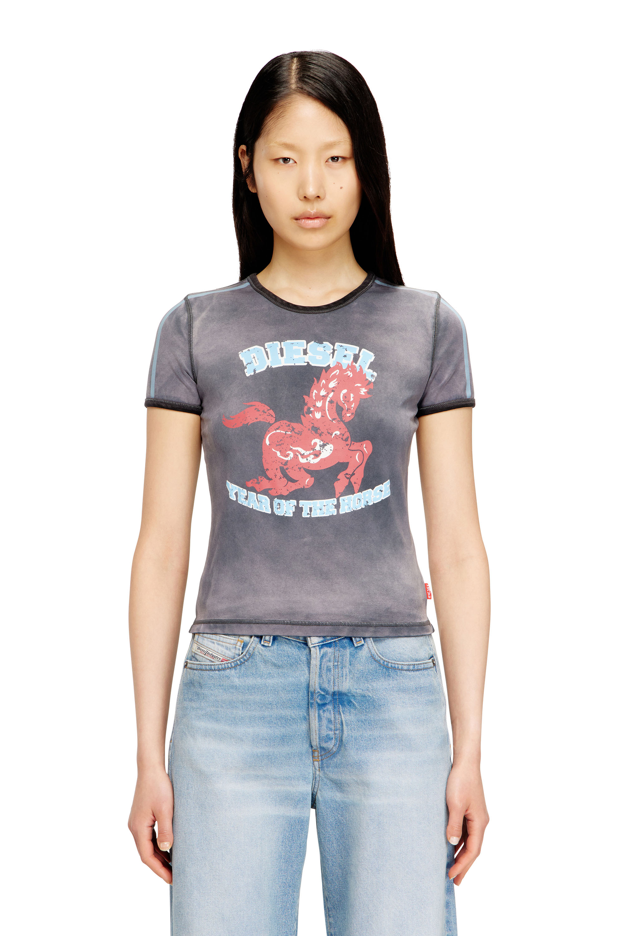 Diesel - CL-T-UNCUTIE-HORSE, T-shirt en coton stretch avec imprim&eacute; graphique cheval Femme in Noir - 1