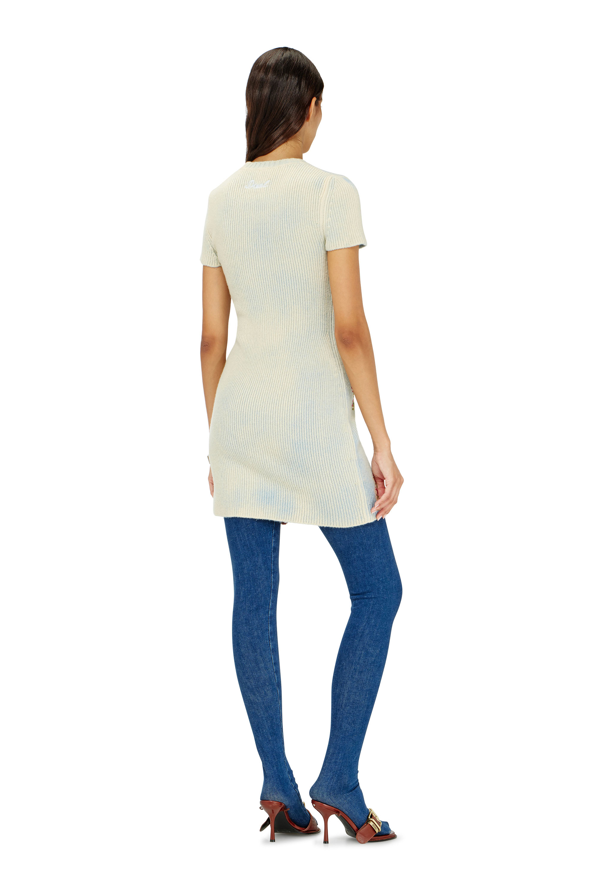 Diesel - M-RINNIE, Robe courte en maille m&eacute;lang&eacute;e laine &agrave; motif fleuri Femme in Blanc - 4