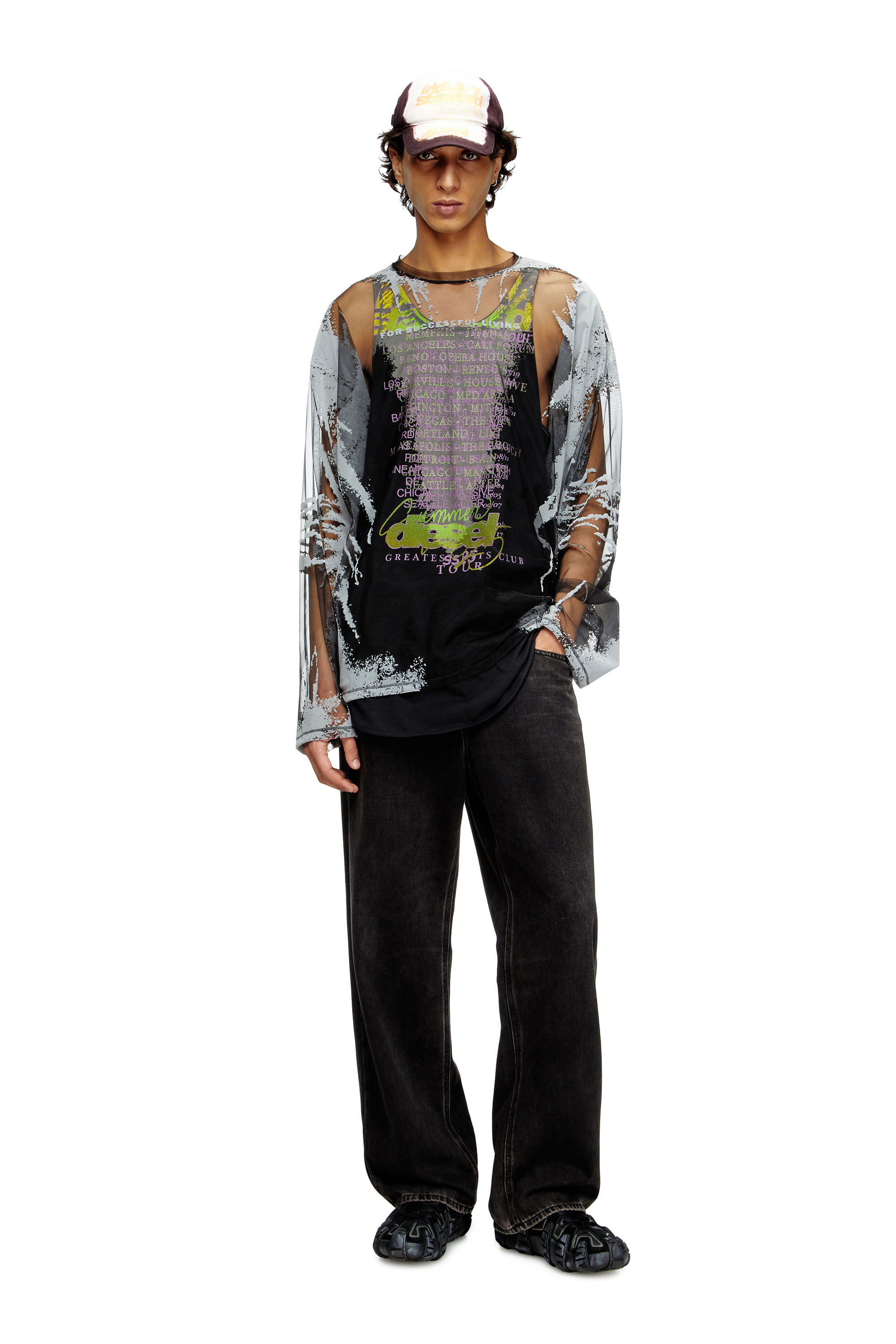 Diesel - T-HASSAN-LS-A, T-shirt en nylon à manches longues avec imprimé paroles Mixte in Noir - 1