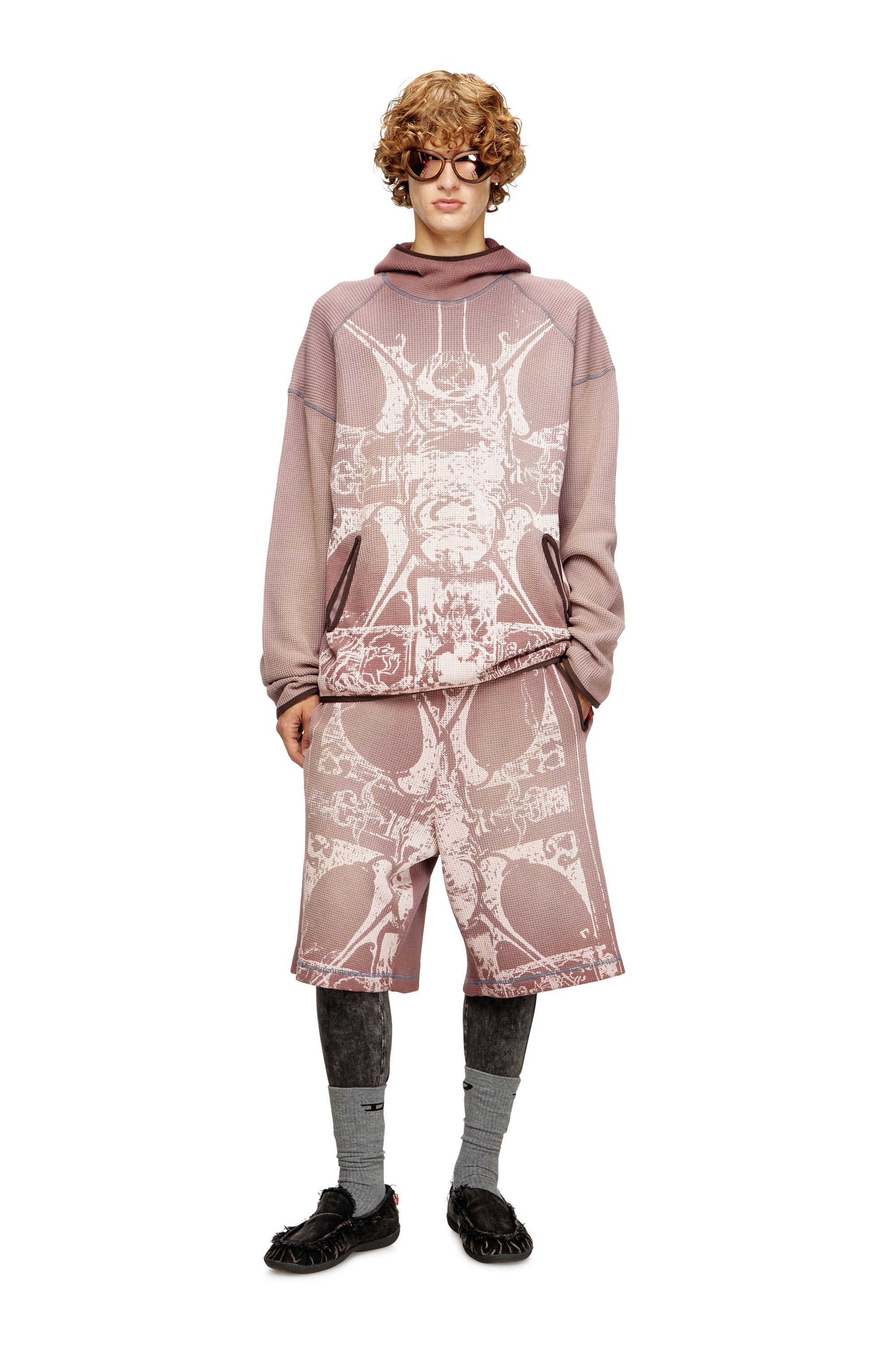 Diesel - S-WAF-HOOD-NEW, Sweat-shirt à capuche délavé en tissu gaufré avec imprimé graphique Homme in Violet - 1