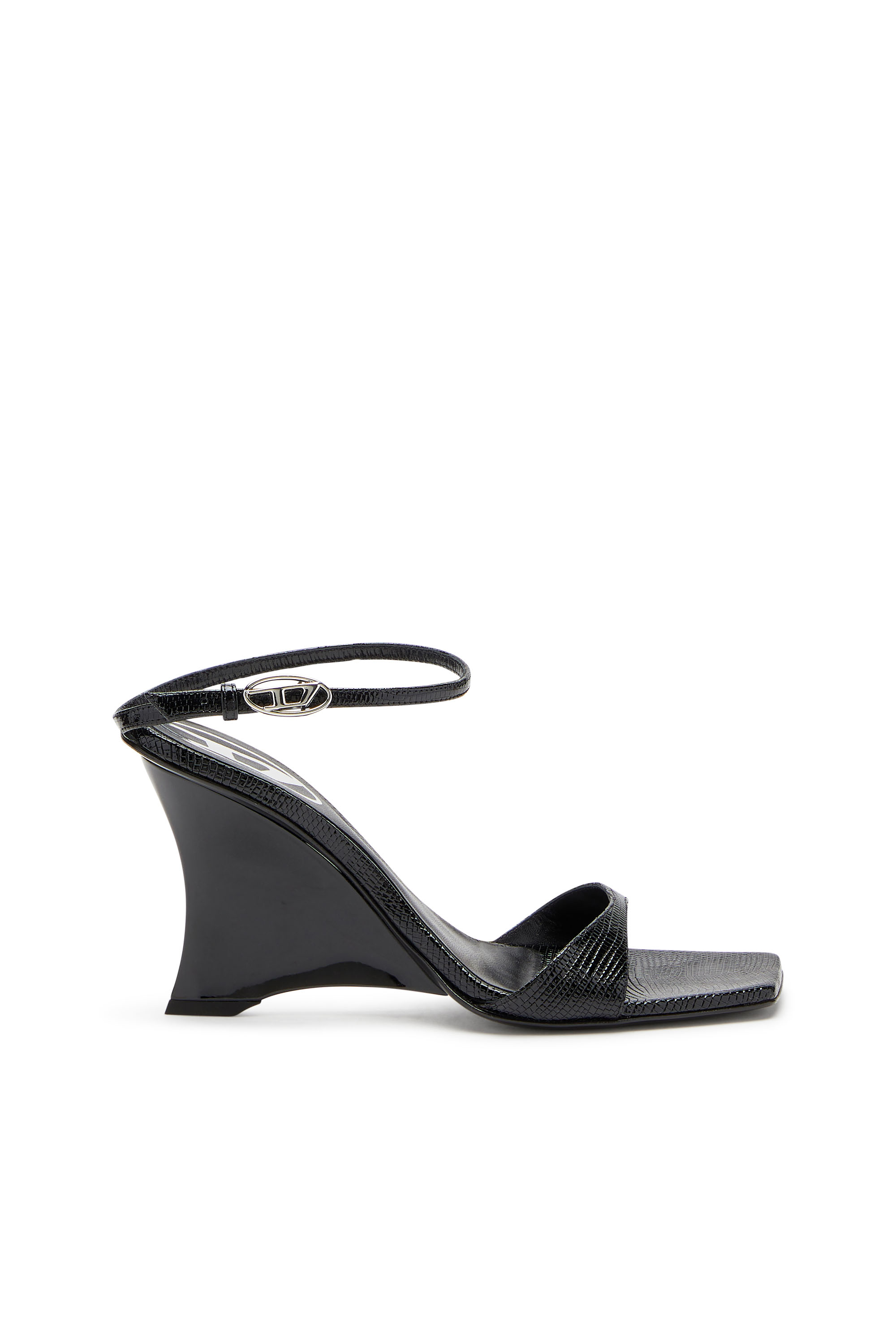 Diesel - D-AMBER SANDAL WEDGE, Sandales à talons compensés en cuir effet lézard Femme in Noir - 1
