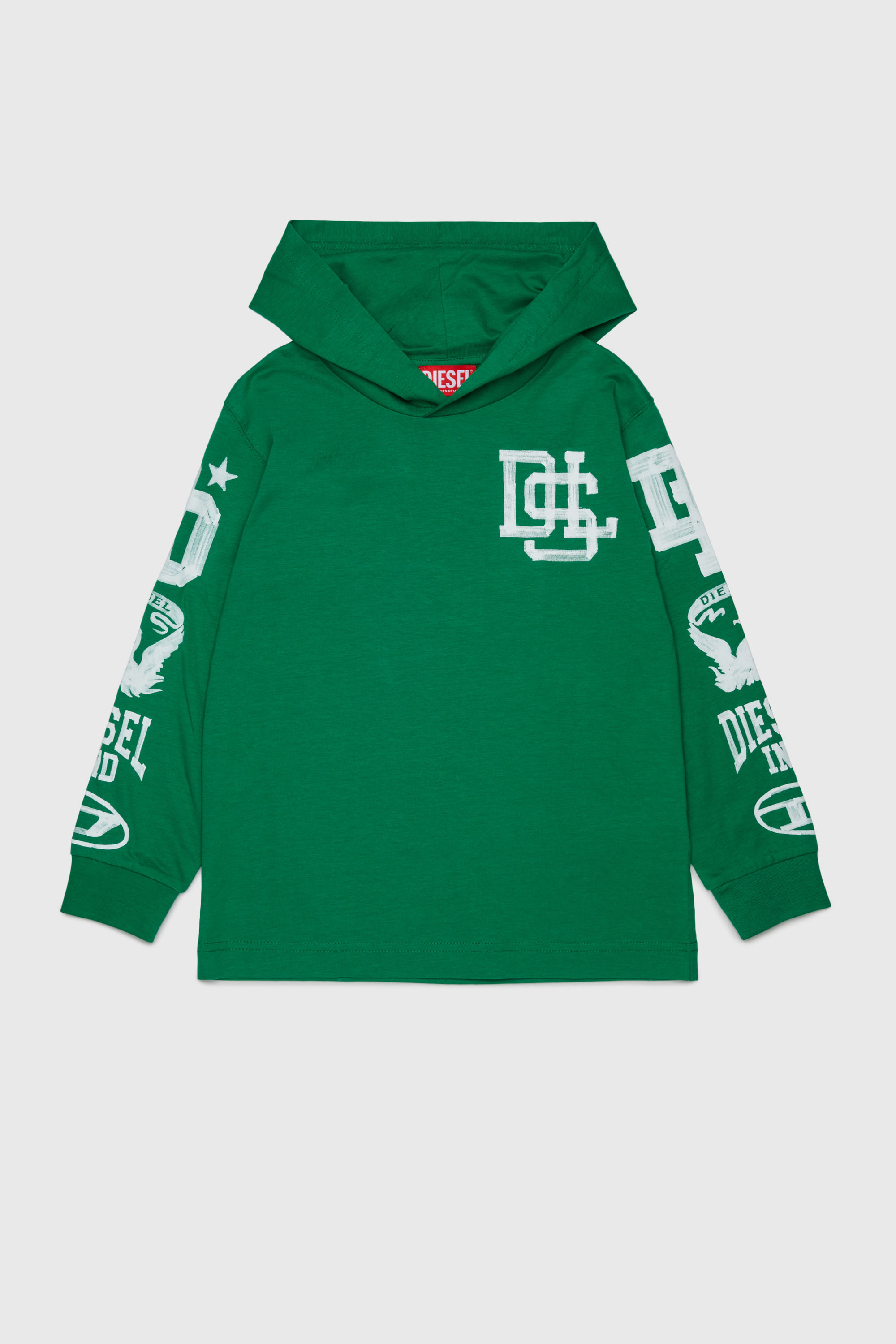 Diesel - TBUNDY OVER, T-shirt &agrave; capuche manches longues avec graphismes varsity Homme in Vert - 1
