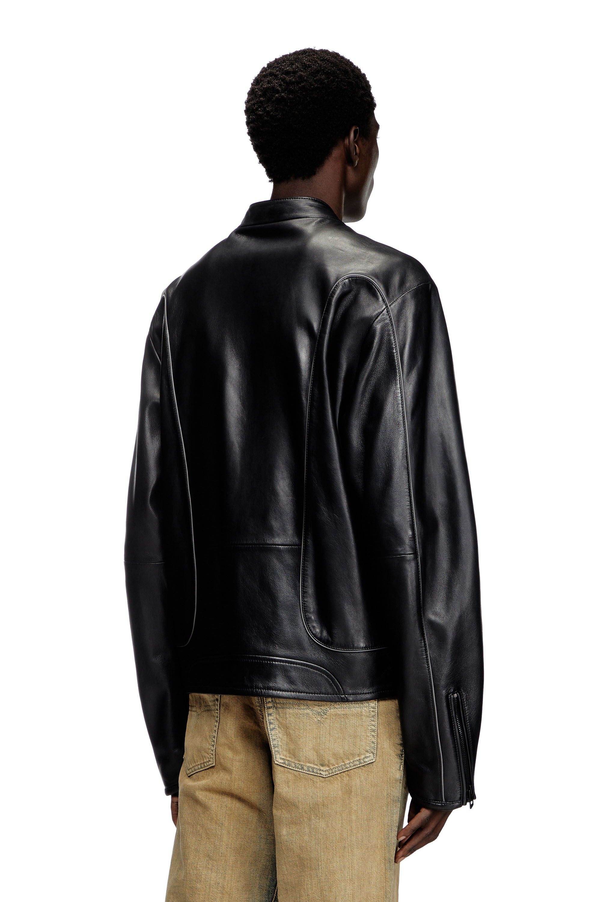 Diesel - L-KRIXY, Leather biker jacket with piping detail Homme in Noir - 4