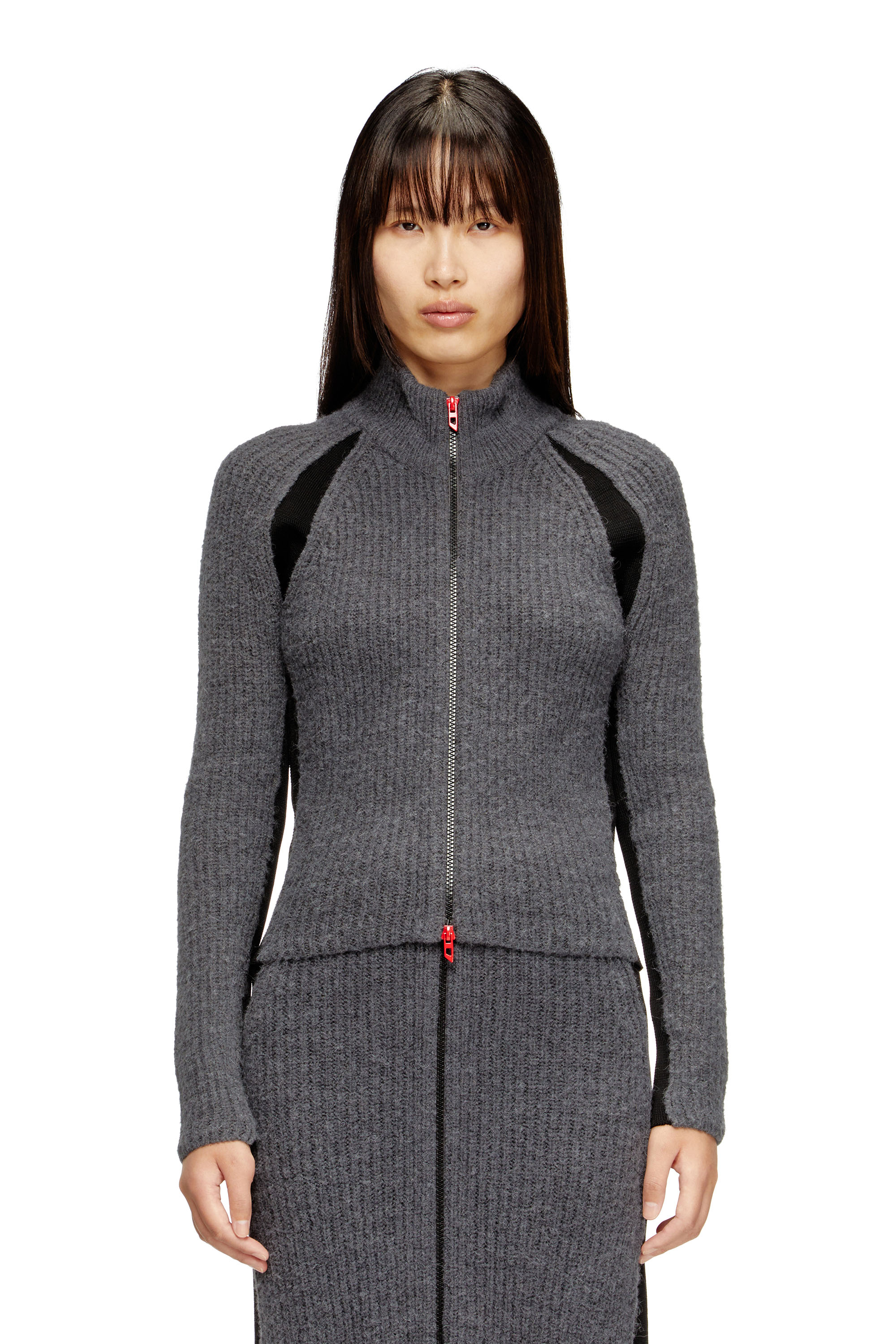 Diesel - M-LOUISE, Cardigan en mélange d'alpaga avec inserts contrastants Femme in Gris - 1